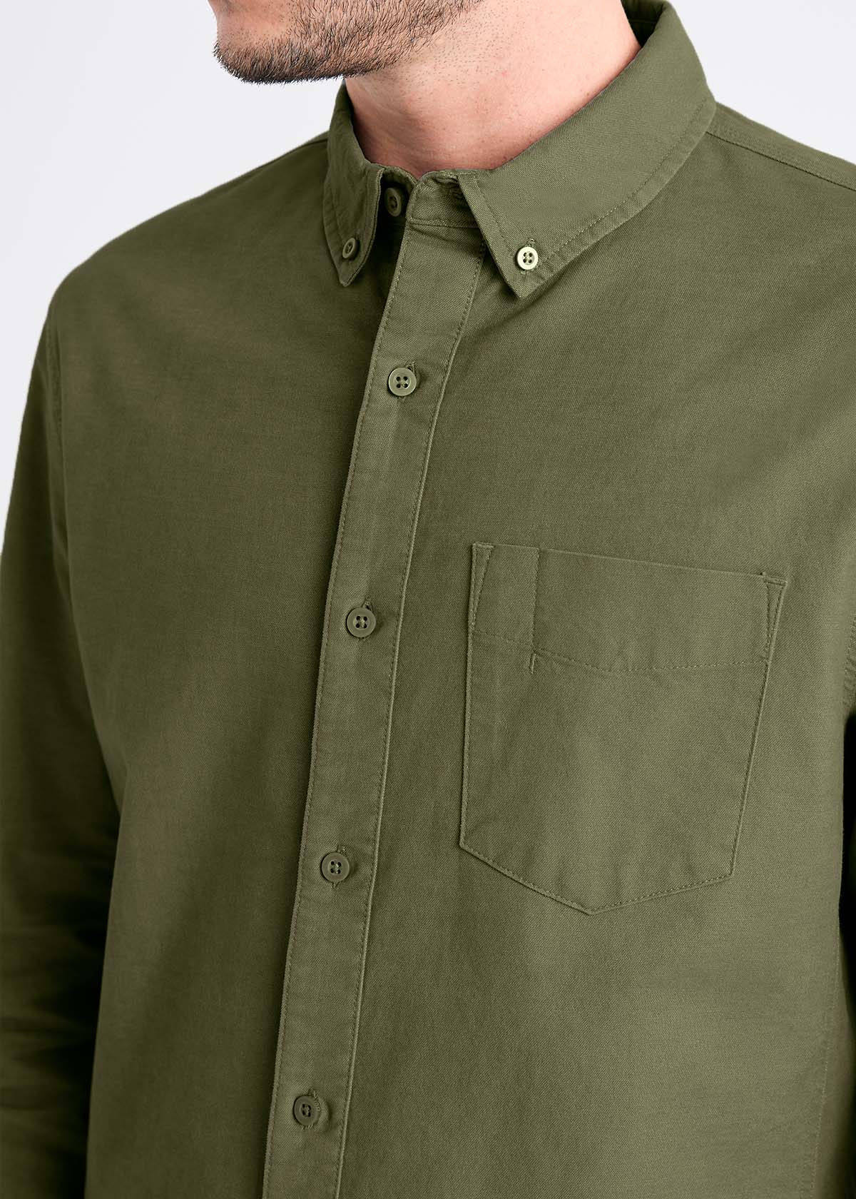 mens green stretch button down shirt chest pocket detail