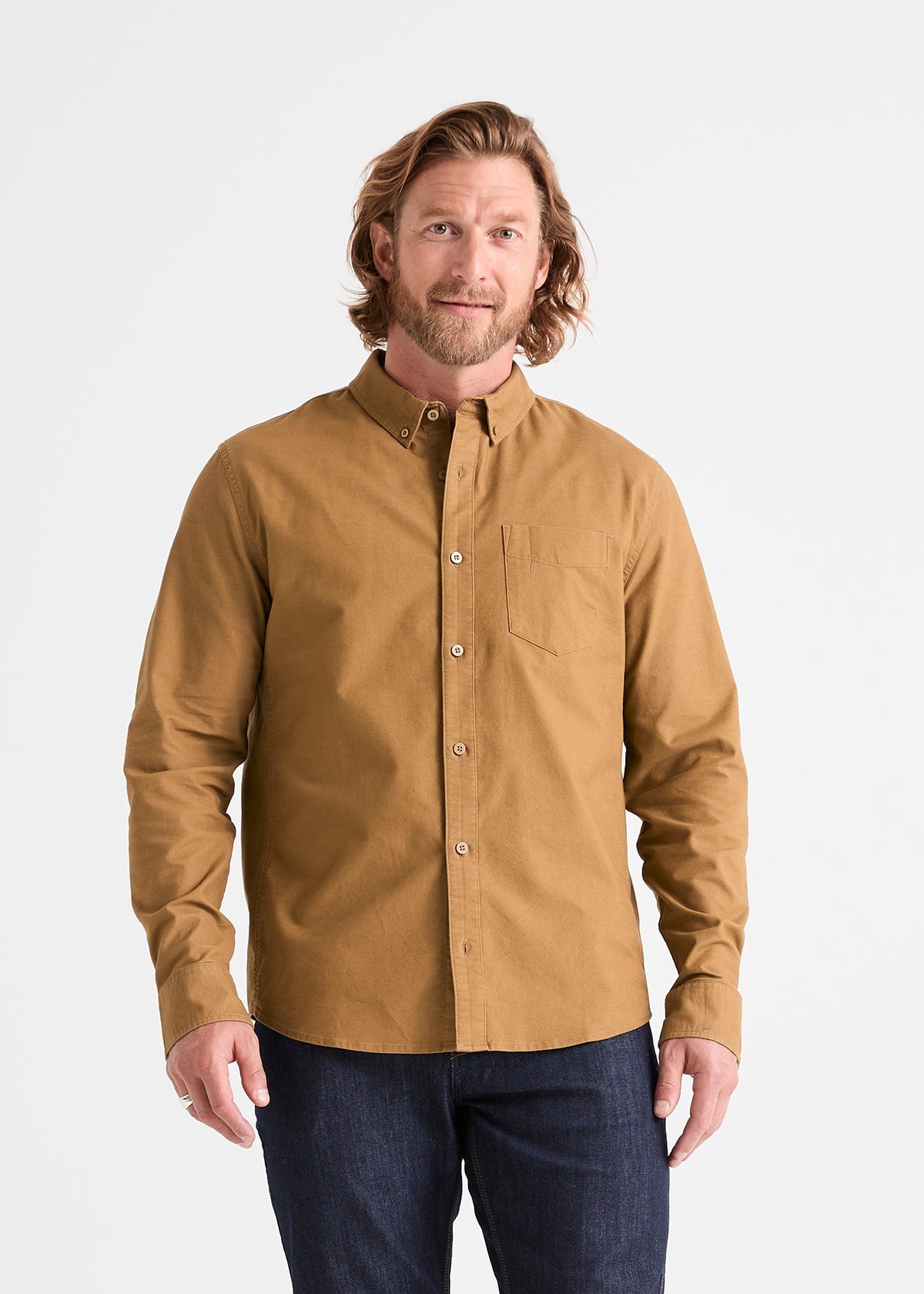 mens khaki stretch button down shirt front