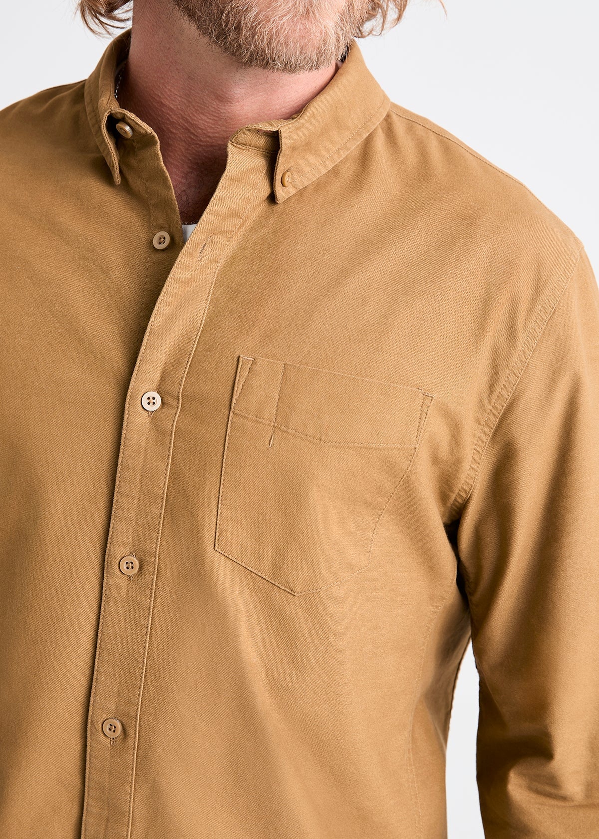 mens khaki stretch button down shirt chest pocket detail