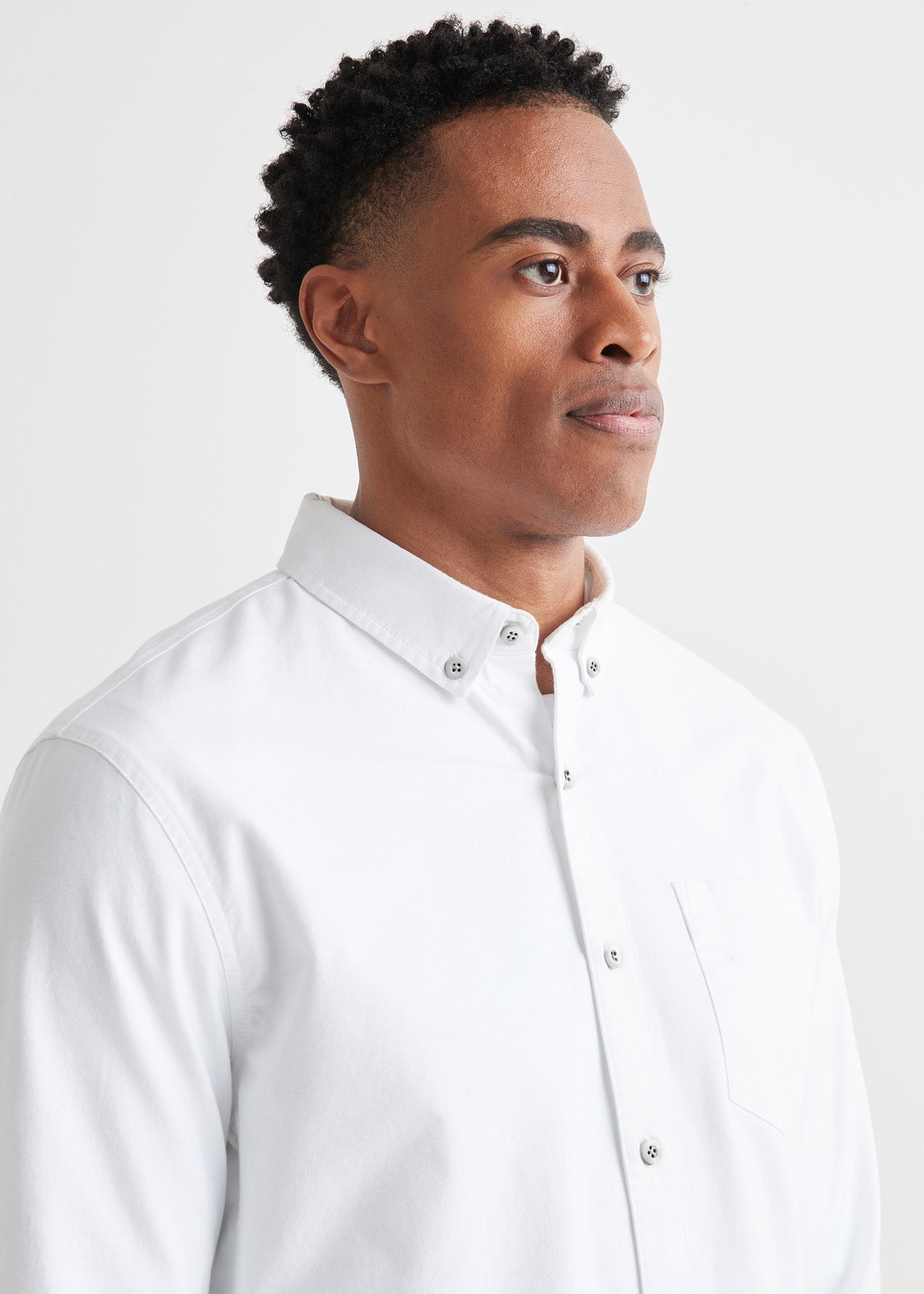 mens white stretch button down shirt front collar detail