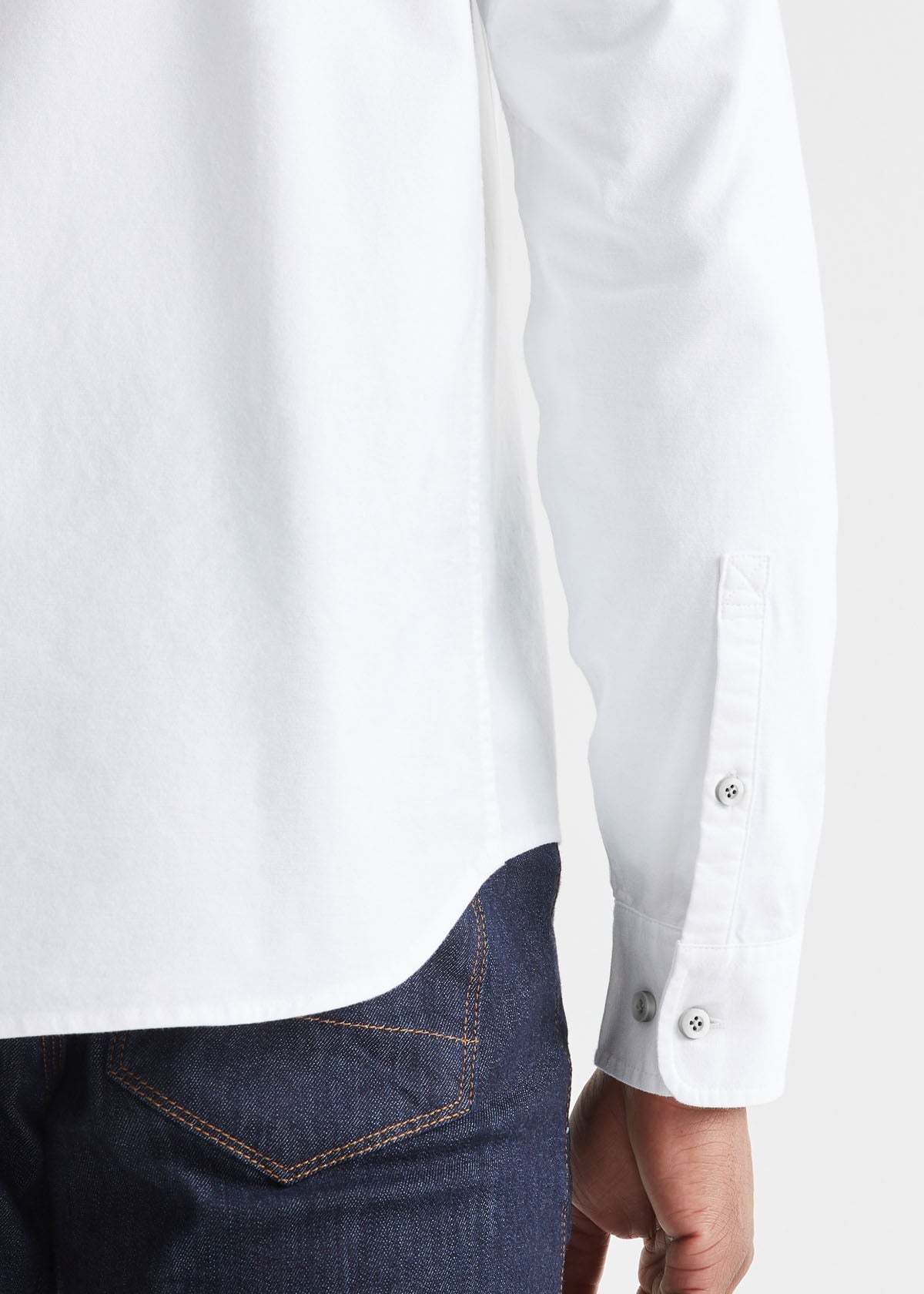 mens white stretch button down shirt sleeve button details