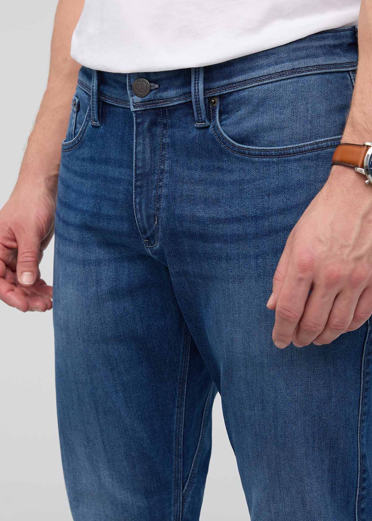 mens fleece lined blue denim waistband detail