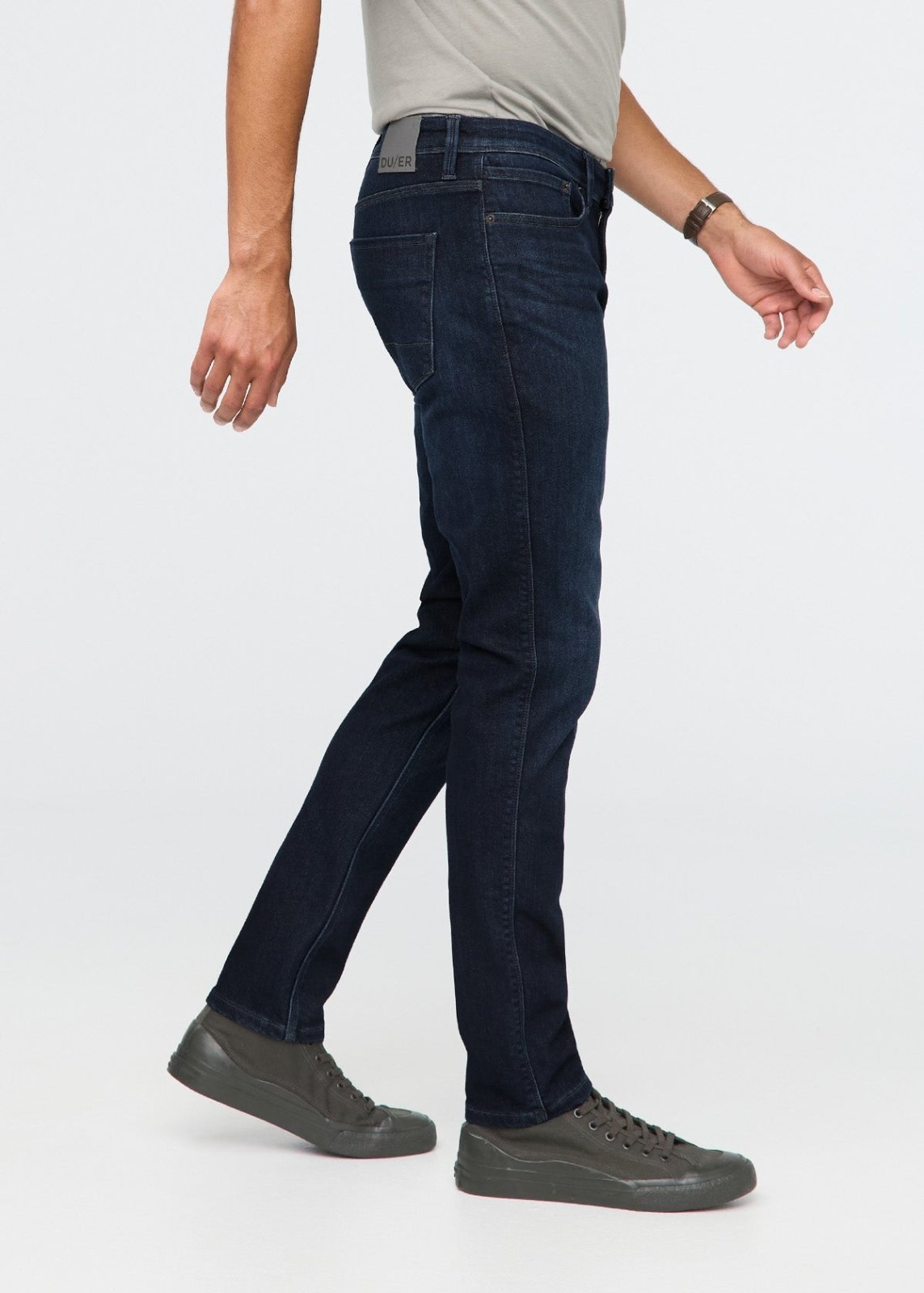 mens dark wash slim fit fleece stretch jeans side