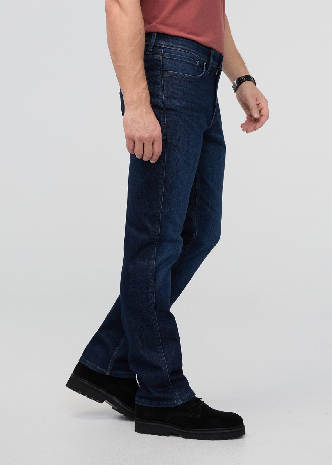 Men's Dark Indigo Straight Fit Fleece Stretch Jeans Side