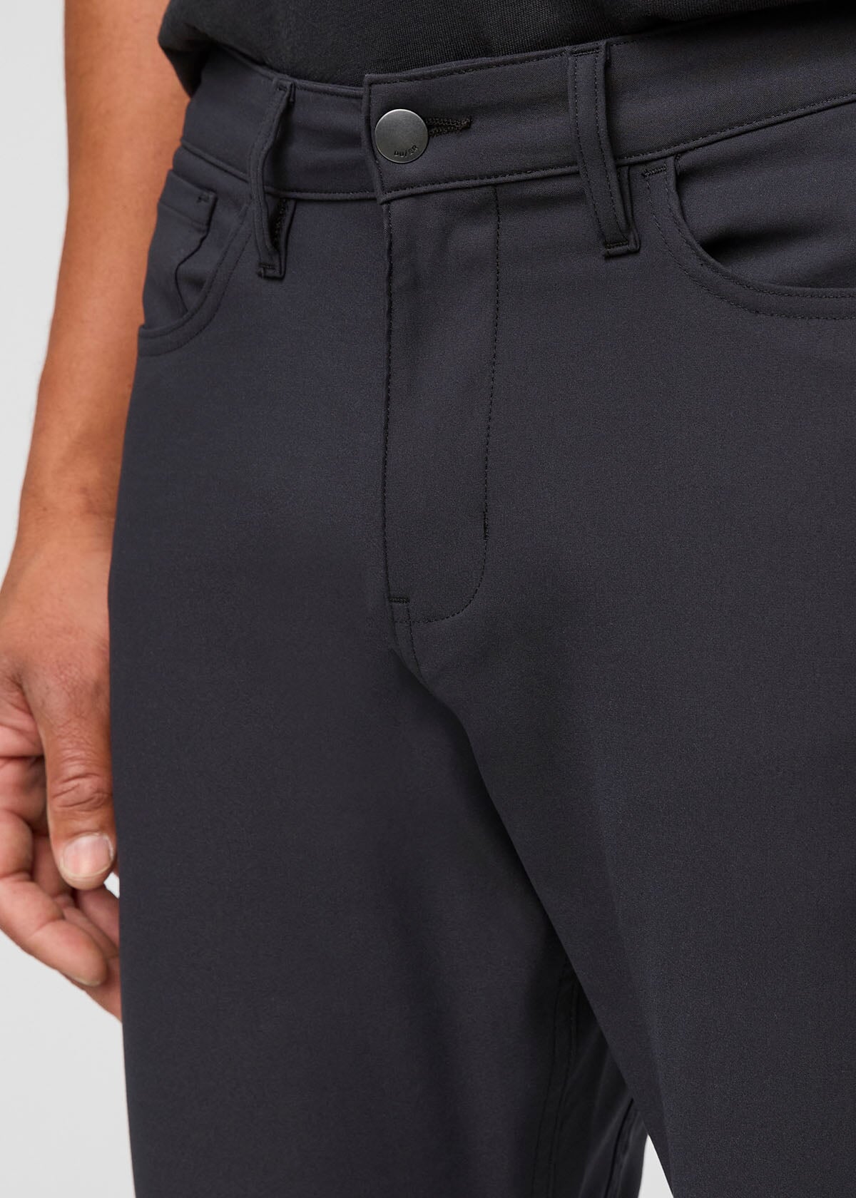 mens black relaxed fit stretch pant front waistband detail