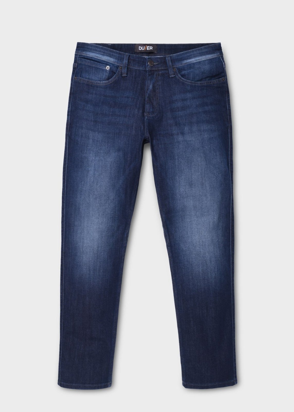 imperfect performance denim slim nostalgia blue front flat lay