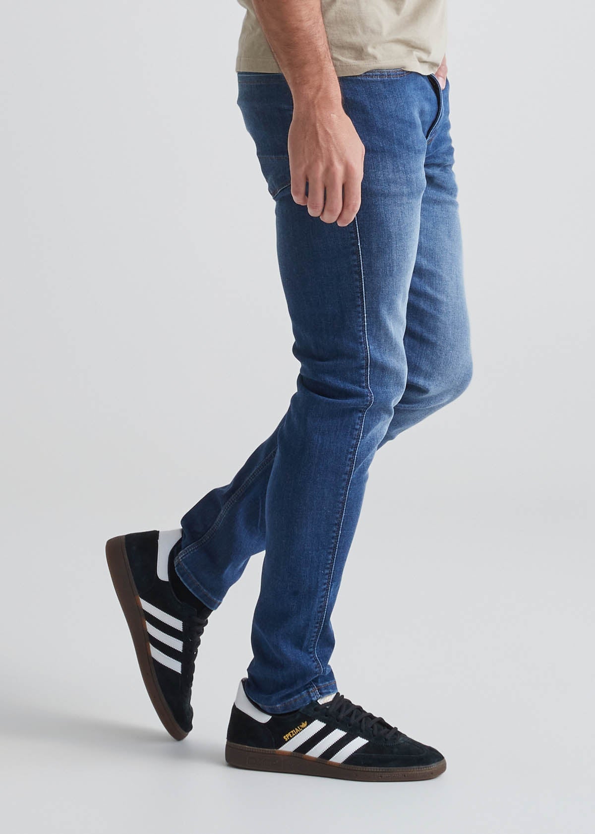 mens medium wash slim fit stretch jeans side view