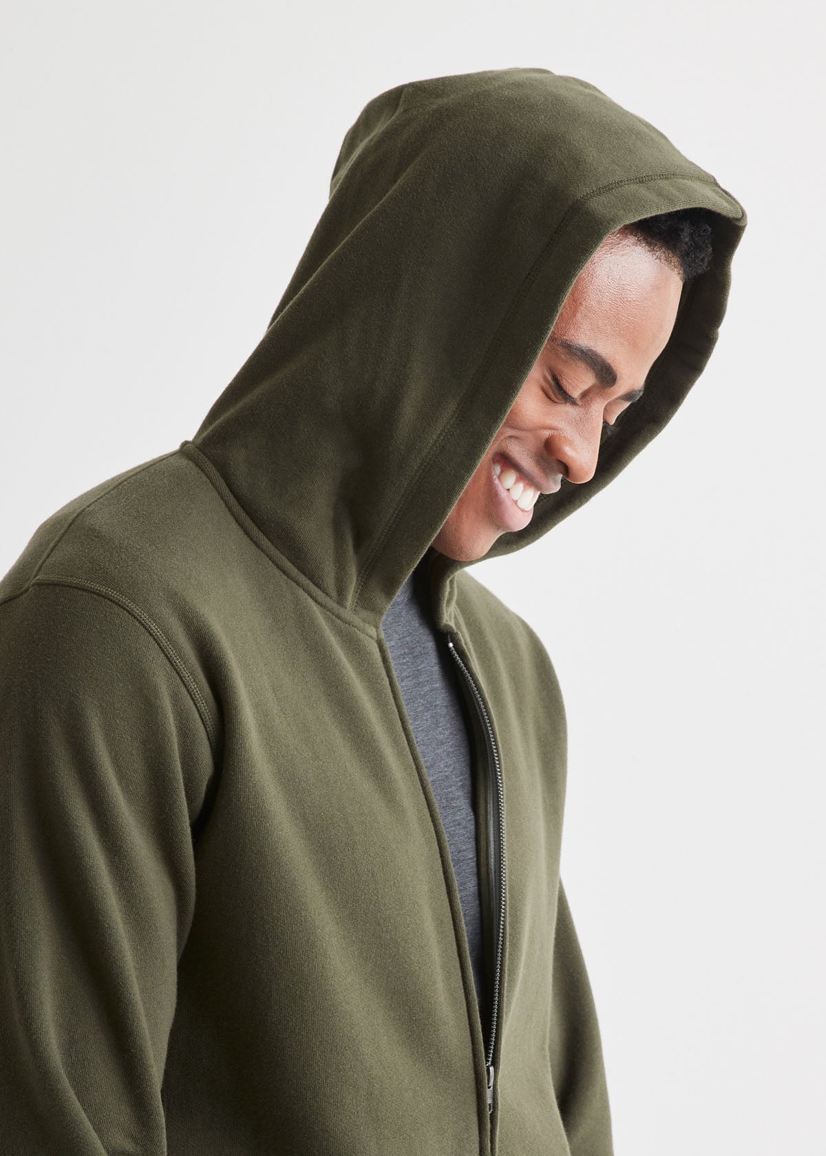 mens green brushed terry zip up hoodie with hood up