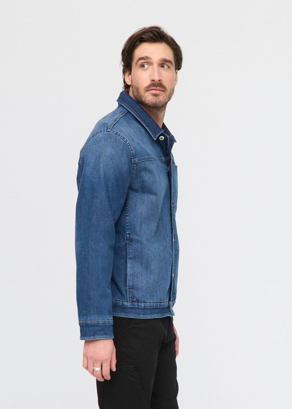 mens blue fleece-lined stretch denim jacket side