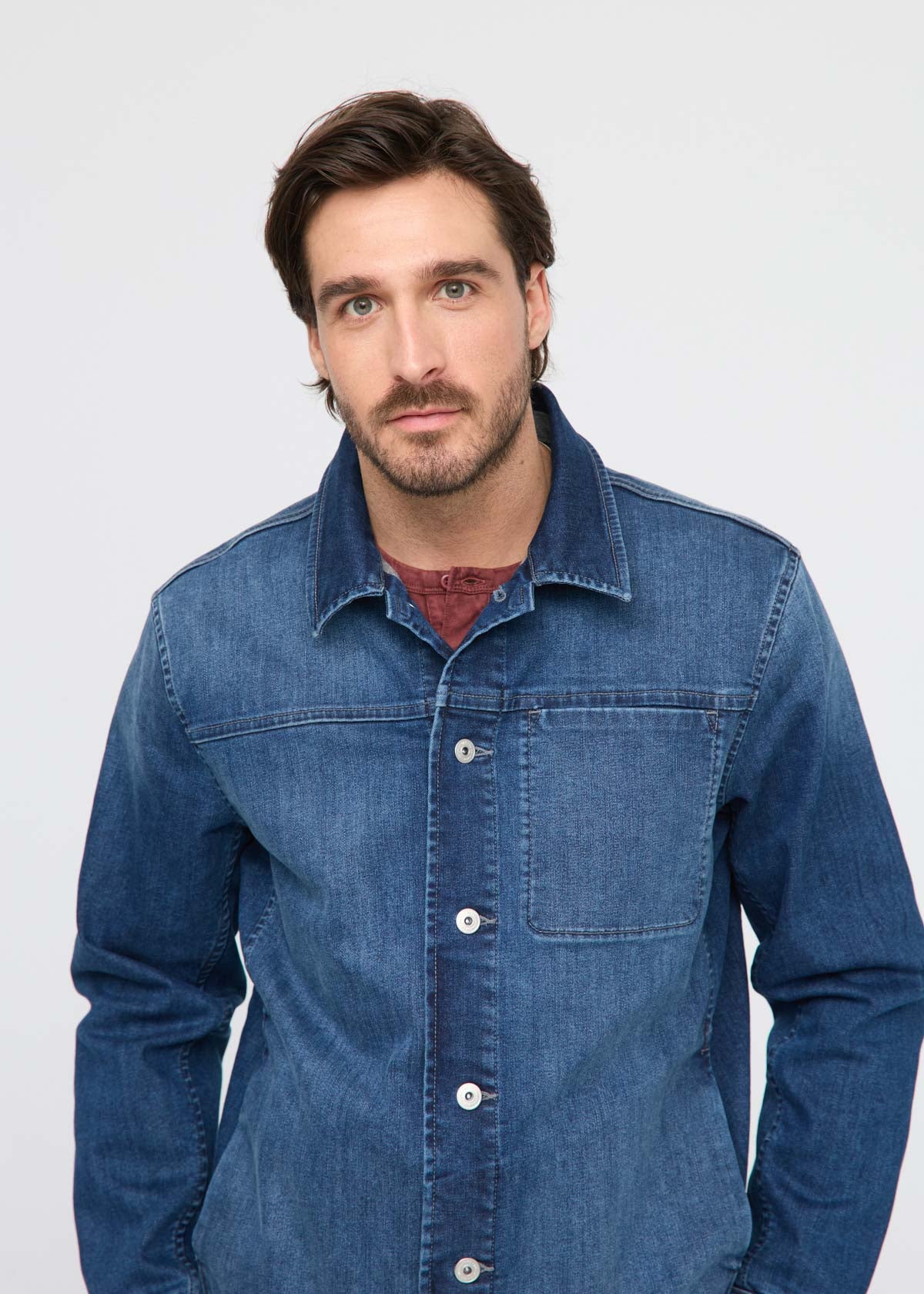 mens blue fleece-lined stretch denim jacket front