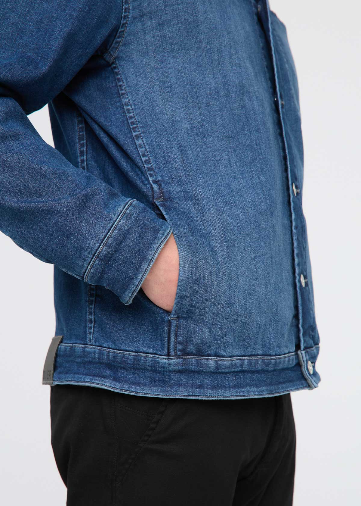 mens blue fleece-lined stretch denim jacket pocket details