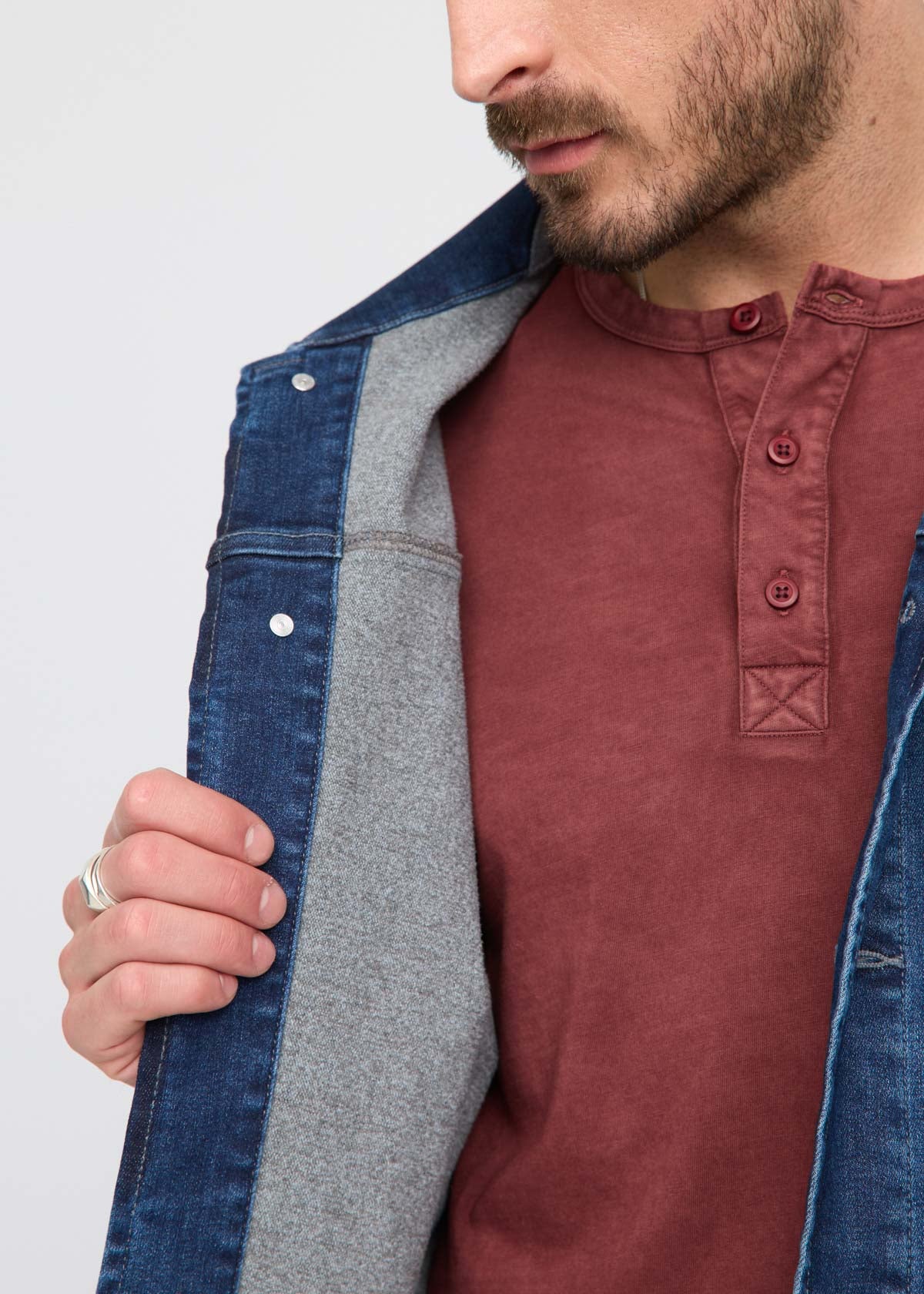 mens blue fleece-lined stretch denim jacket liner details