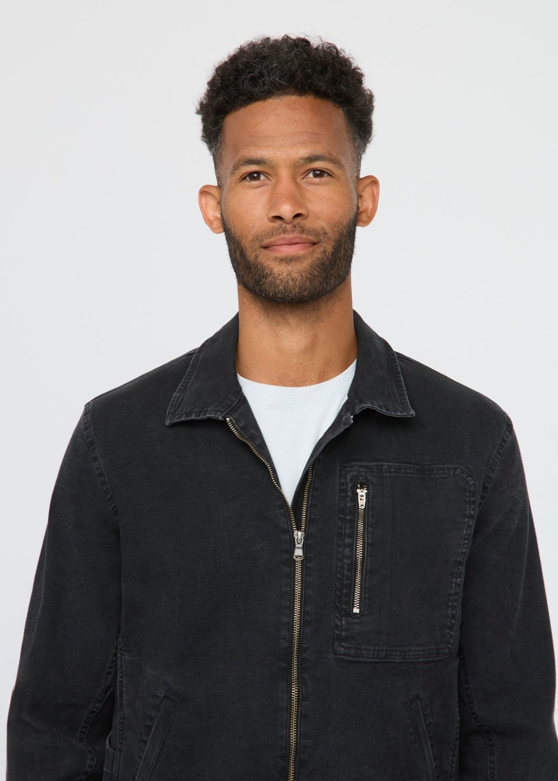 Men's Black Stretch Canvas Utility Jacket Front Detail