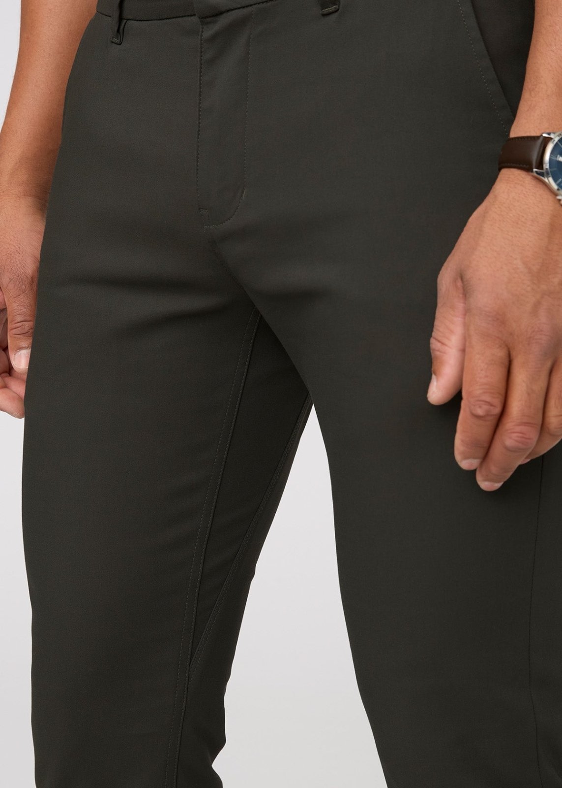 mens dark green relaxed fit stretch trouser gusset detail