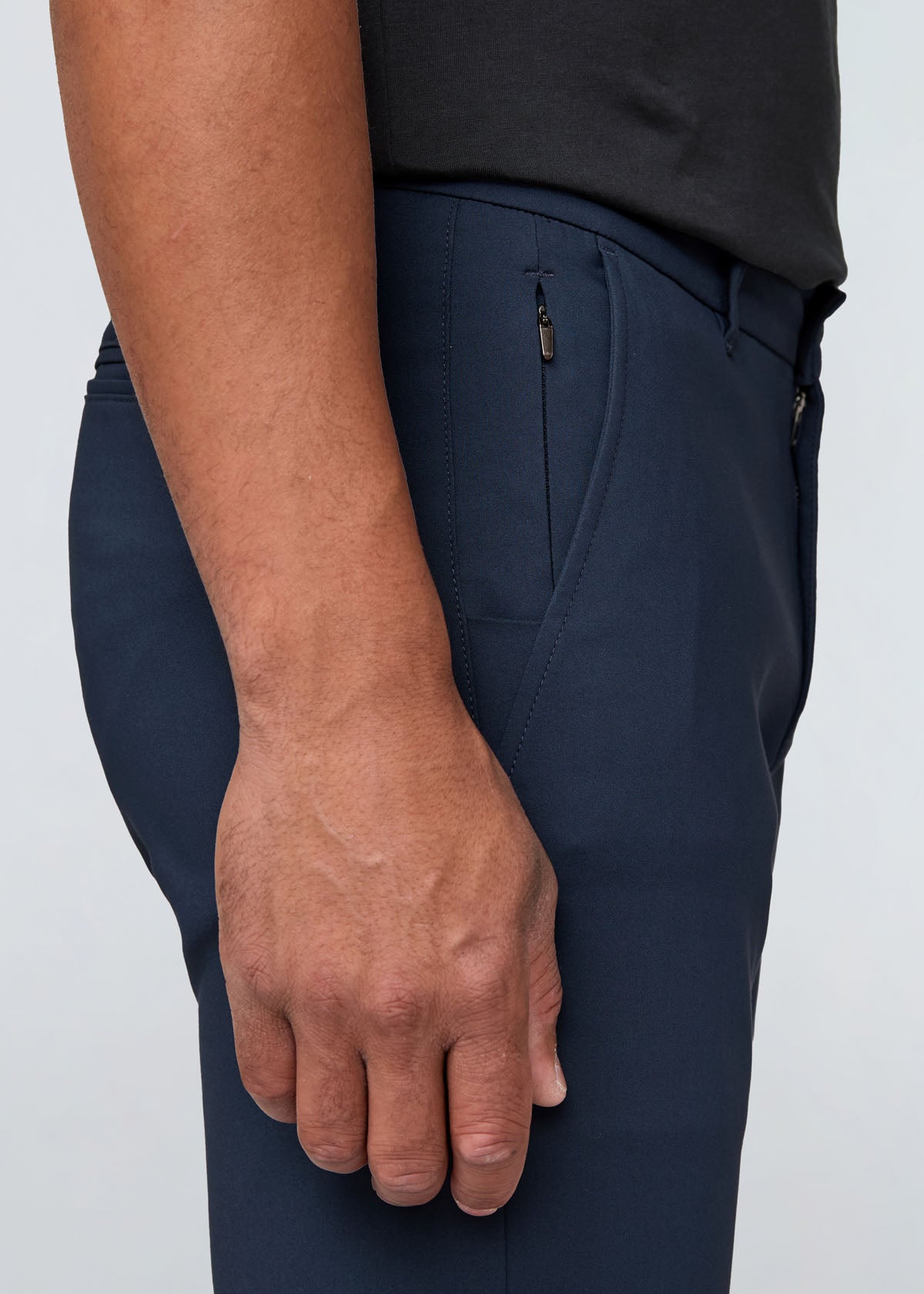 mens navy relaxed fit stretch trouser side zip pocket