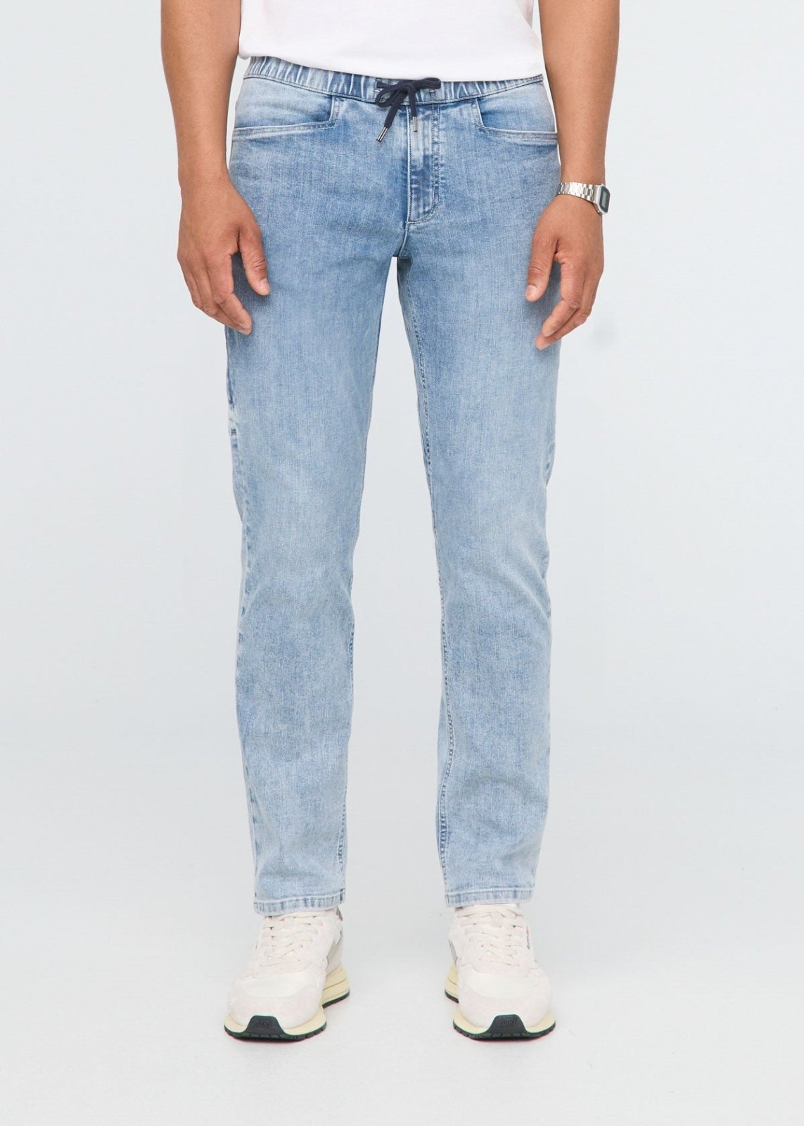 mens light blue pull on stretch denim pant front