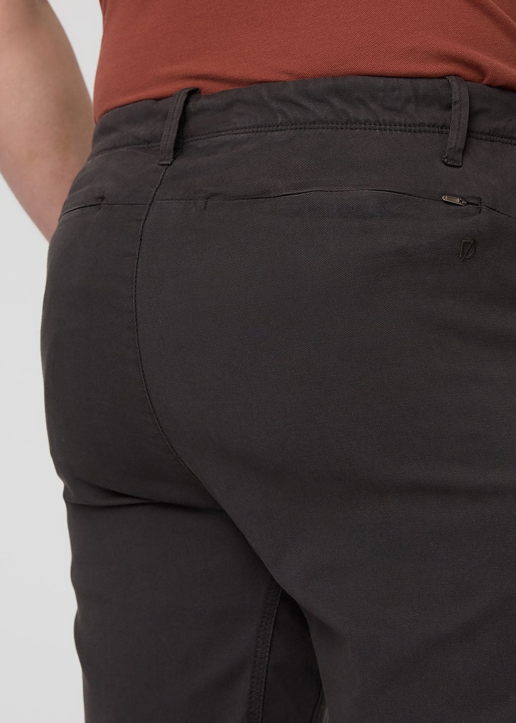 mens stretch dark grey chino pants back zip pocket closed