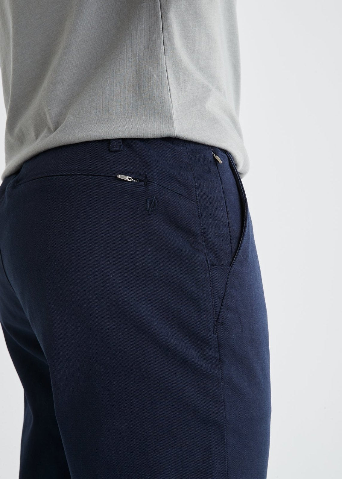 mens stretch deep blue chino pants side and back zip pockets