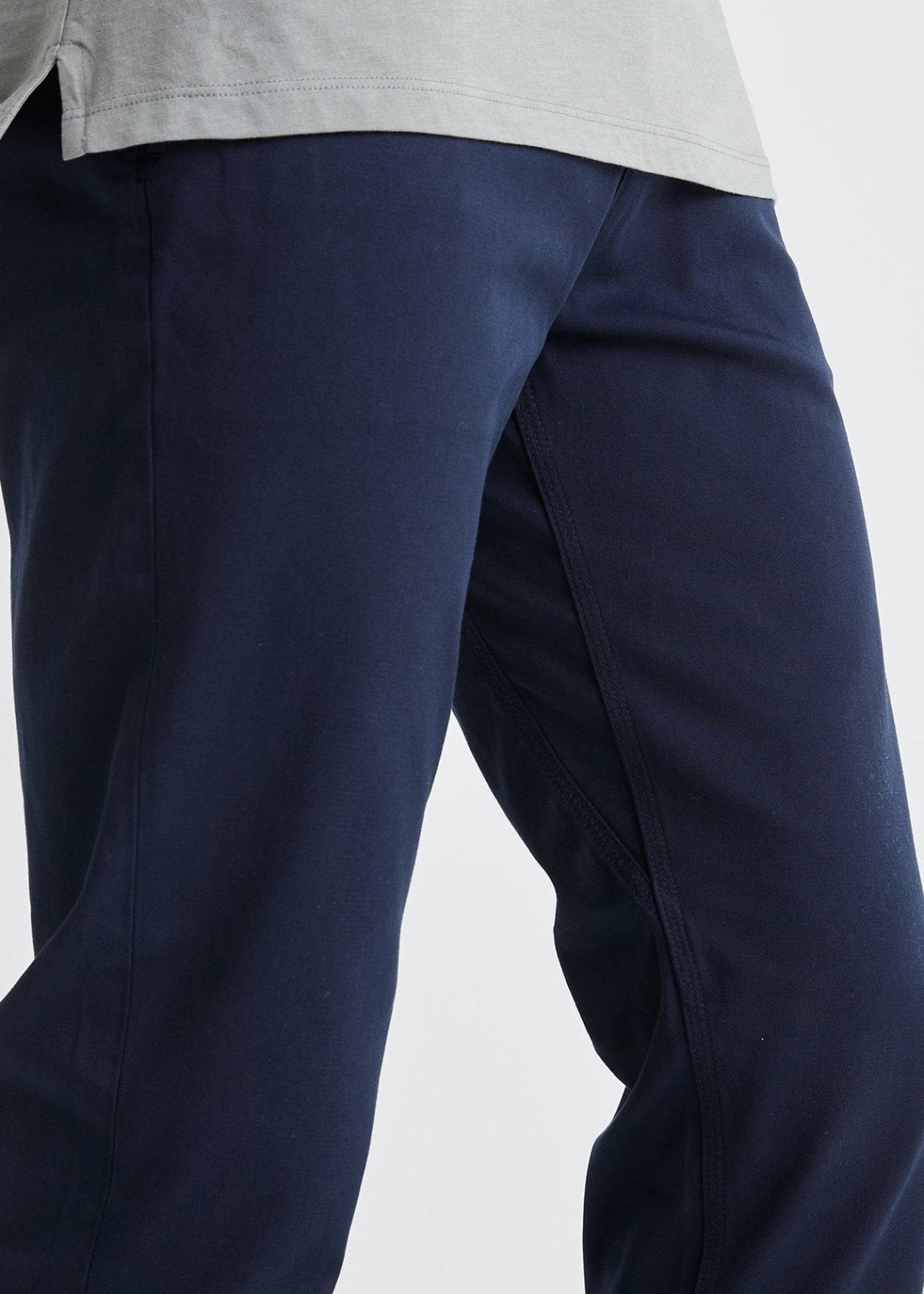 mens stretch deep blue chino pants gusset detail