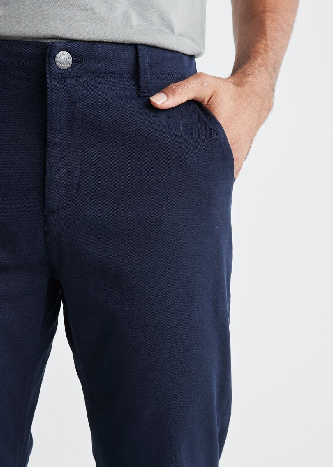 mens stretch deep blue chino pants front waistband detail
