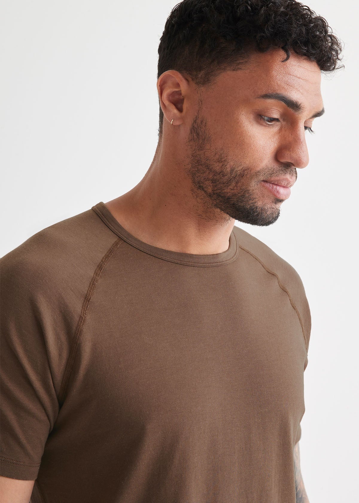 mens brown soft midweight t-shirt front neckline