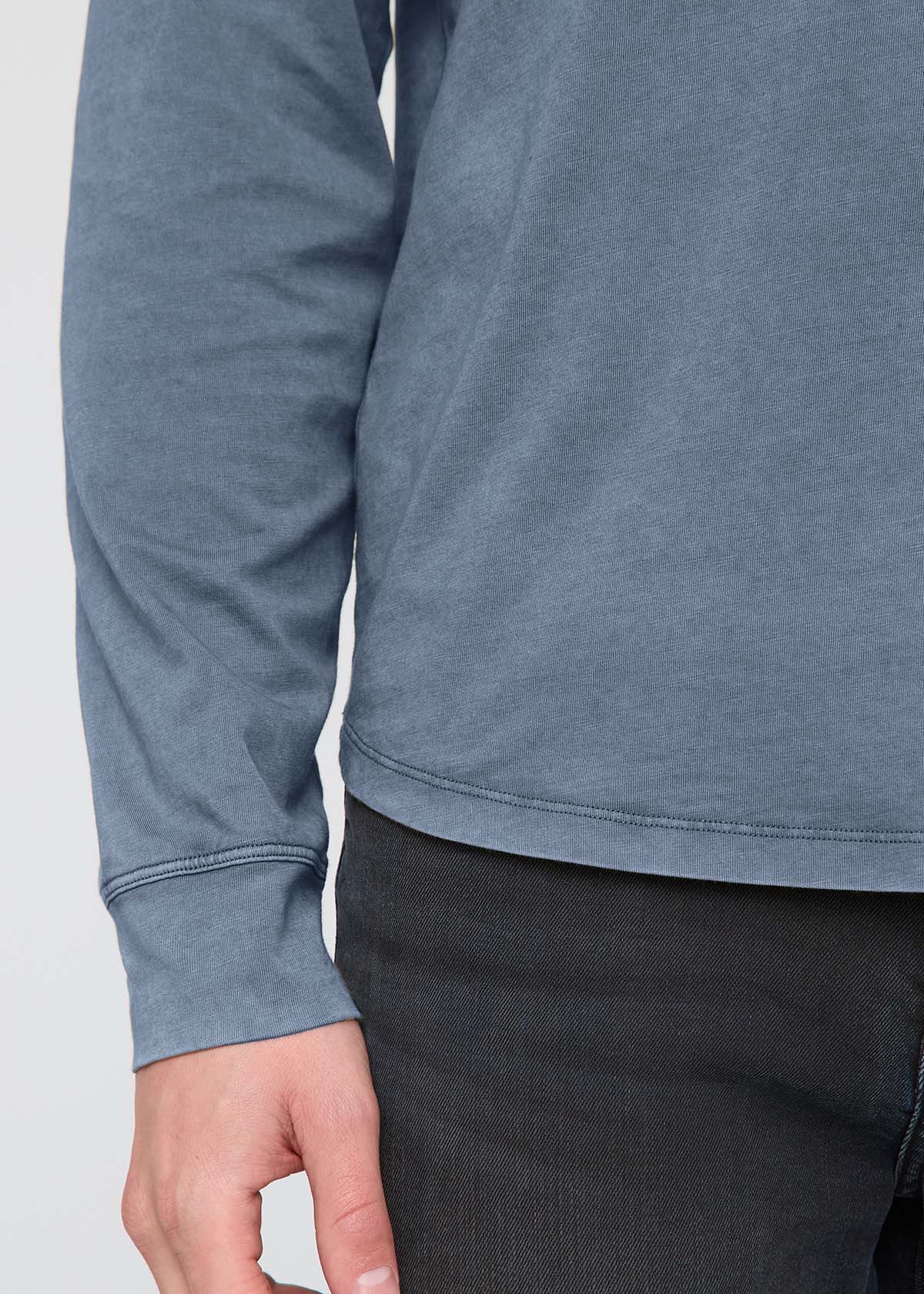 mens 100% pima cotton washed stone blue henley long sleeve sleeve and hem