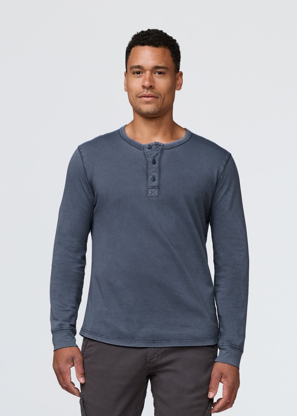 mens 100% pima cotton washed indigo henley long sleeve front