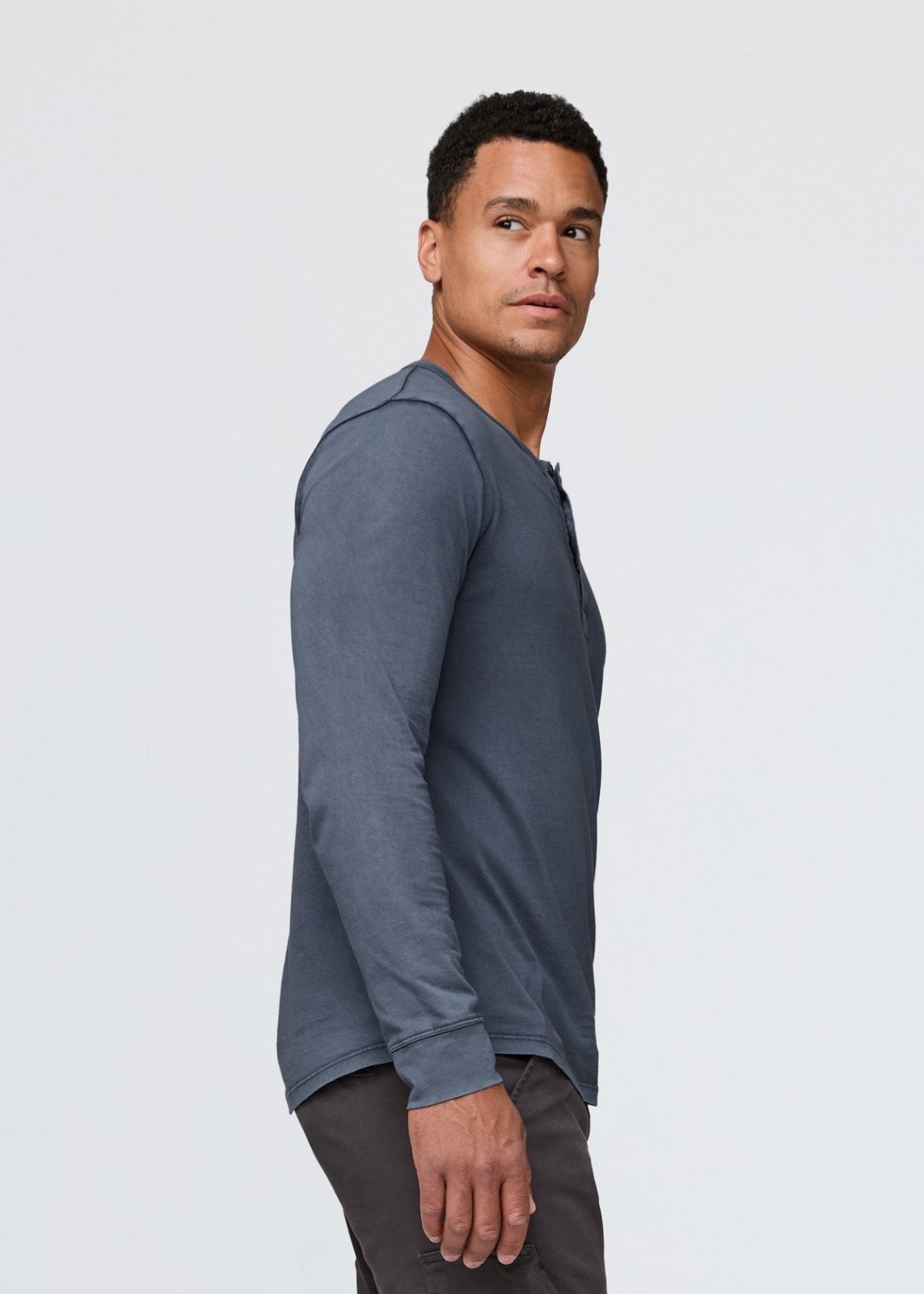 mens 100% pima cotton washed indigo henley long sleeve side