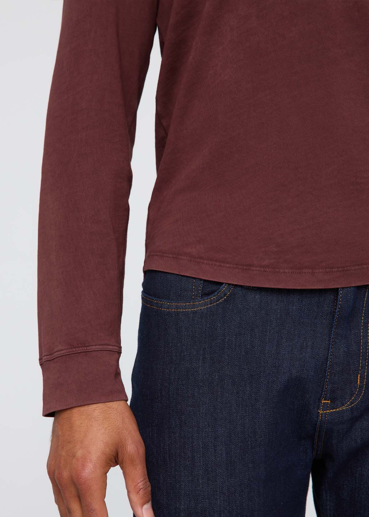 mens 100% pima cotton washed red rock henley long sleeve and hem details