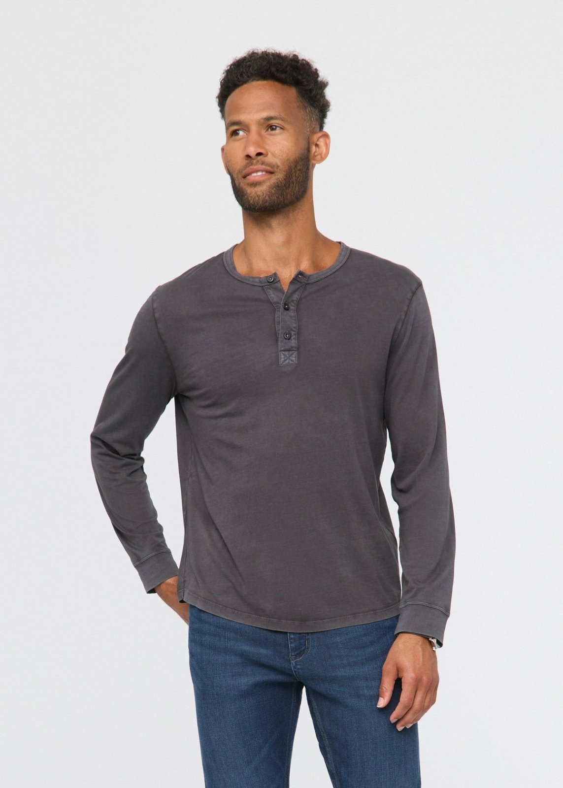 mens 100% pima cotton washed grey henley long sleeve front