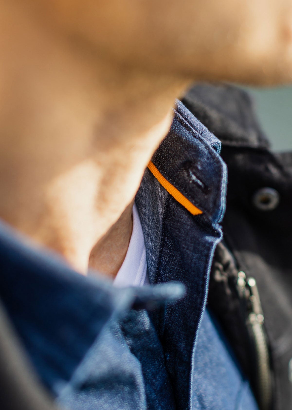 Men's Stretch Dark Wash Denim Button Up Shirt Neckline Ribbon Detail