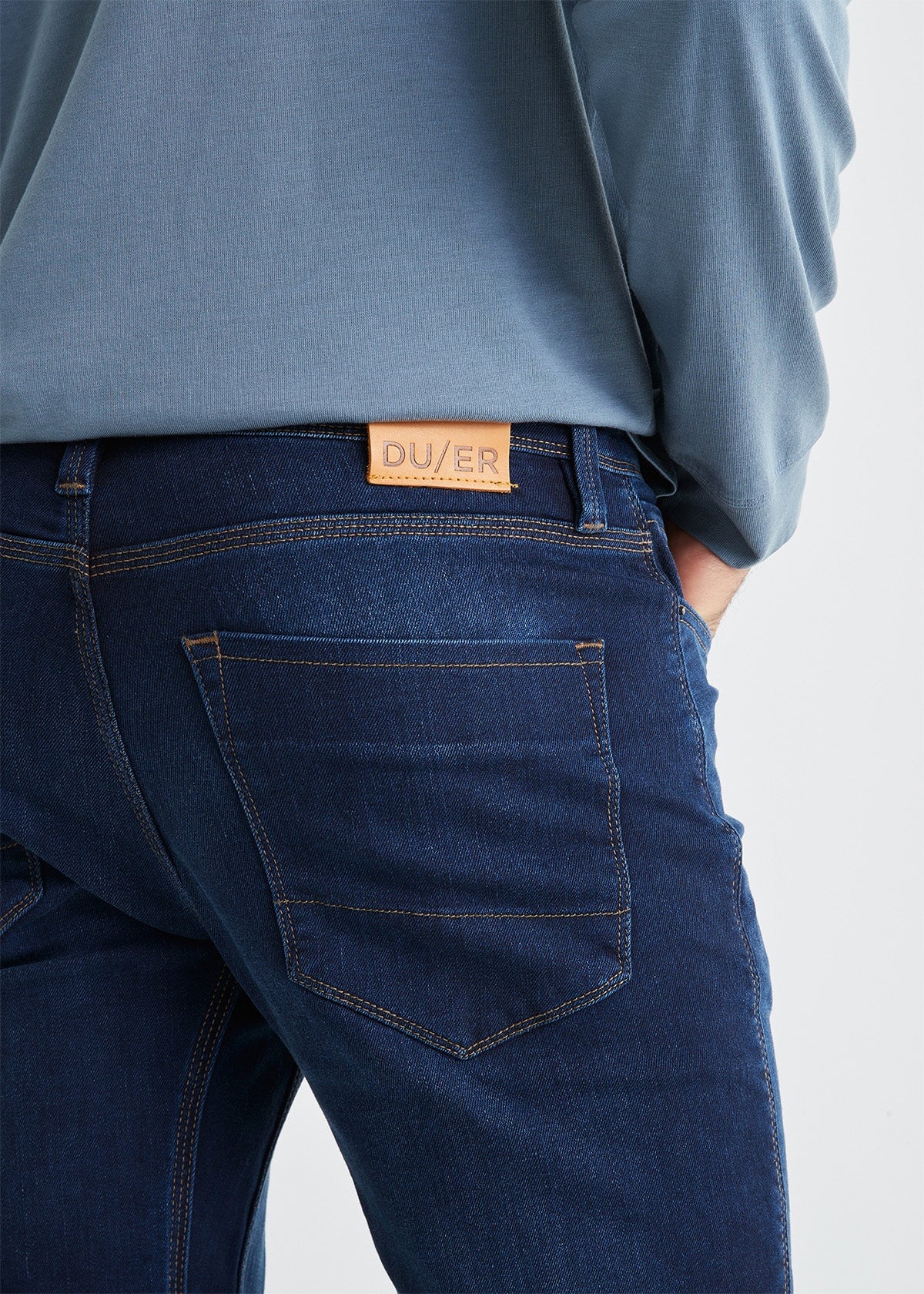 mens dark stone slim fit stretch jeans back patch detail