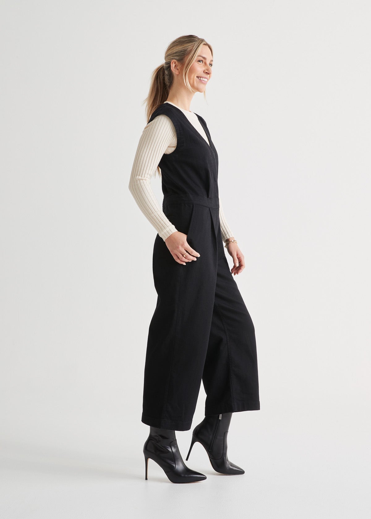 womens stretch denim tailored black jumpsuit side
