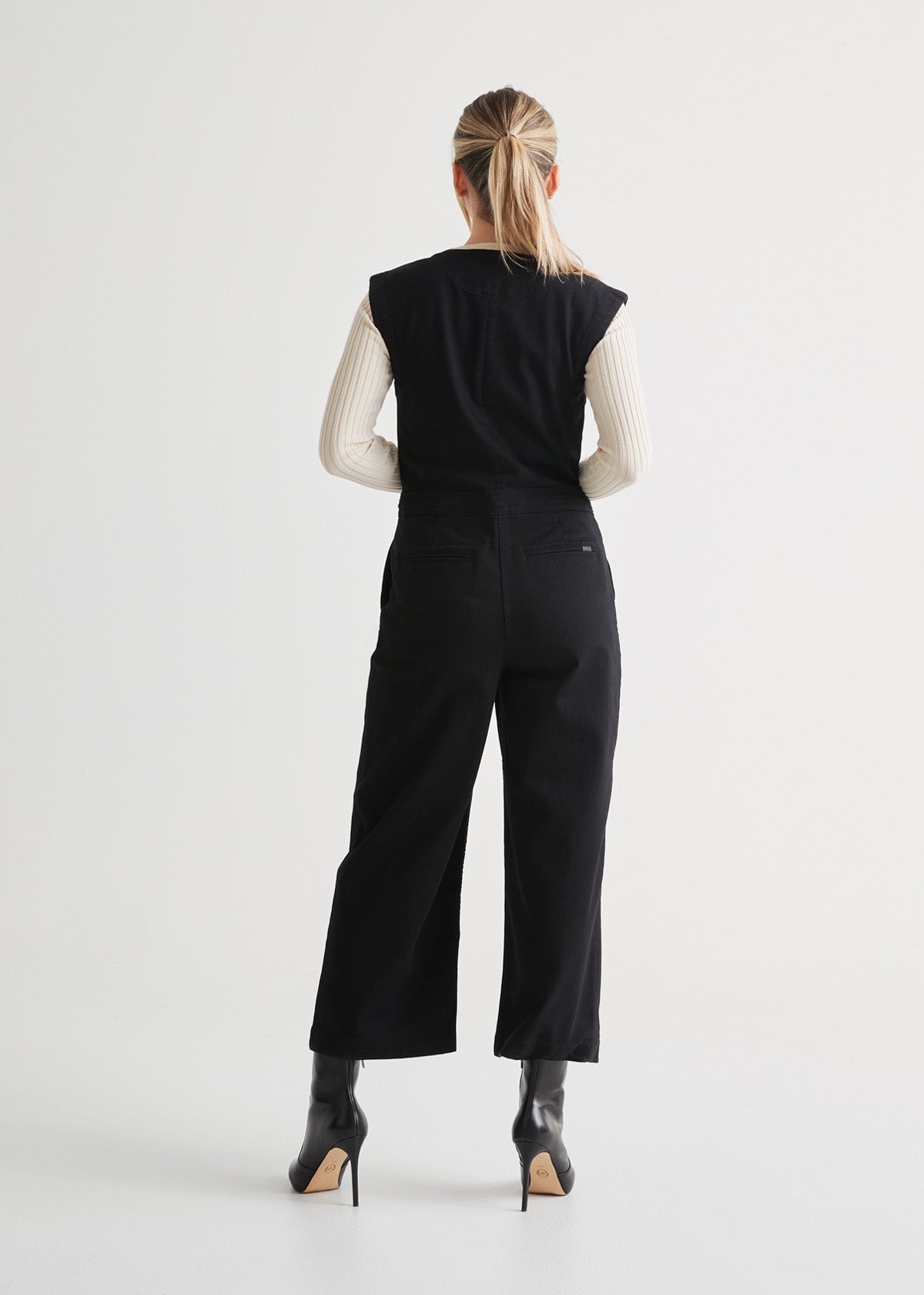 womens stretch denim tailored black jumpsuit back