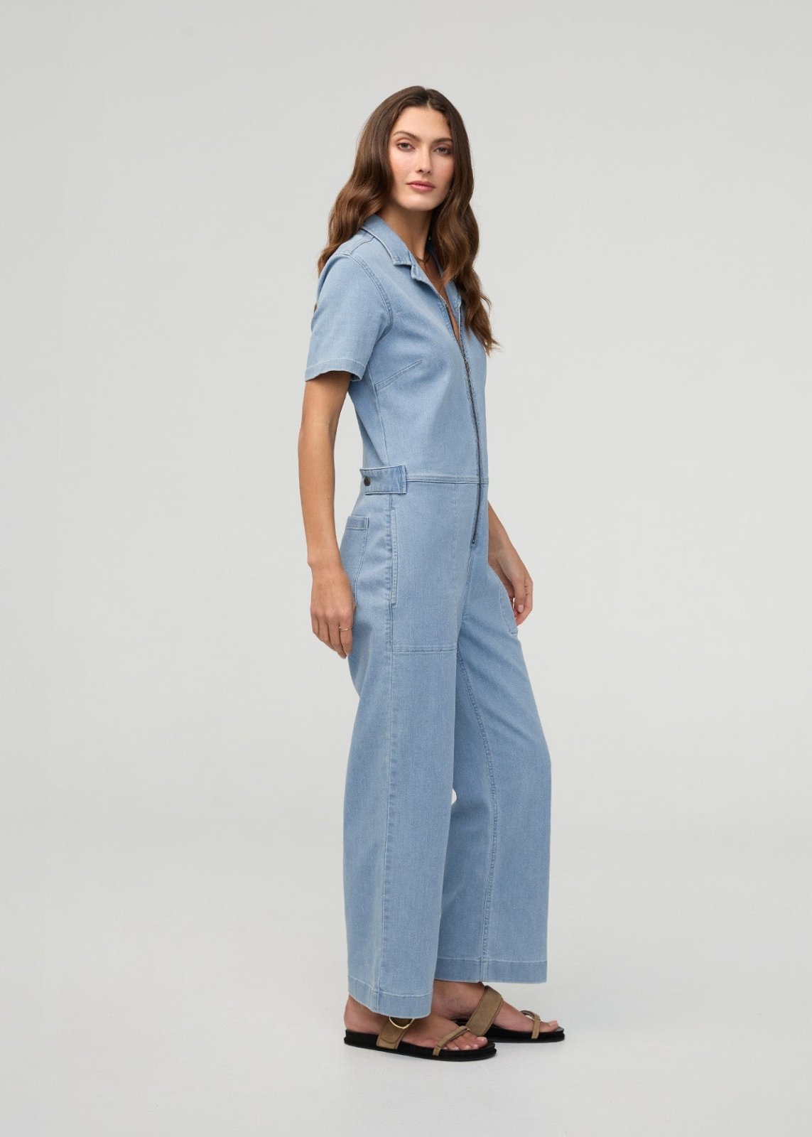 Women's Desert Blue Short Sleeve Denim Jumpsuit Side