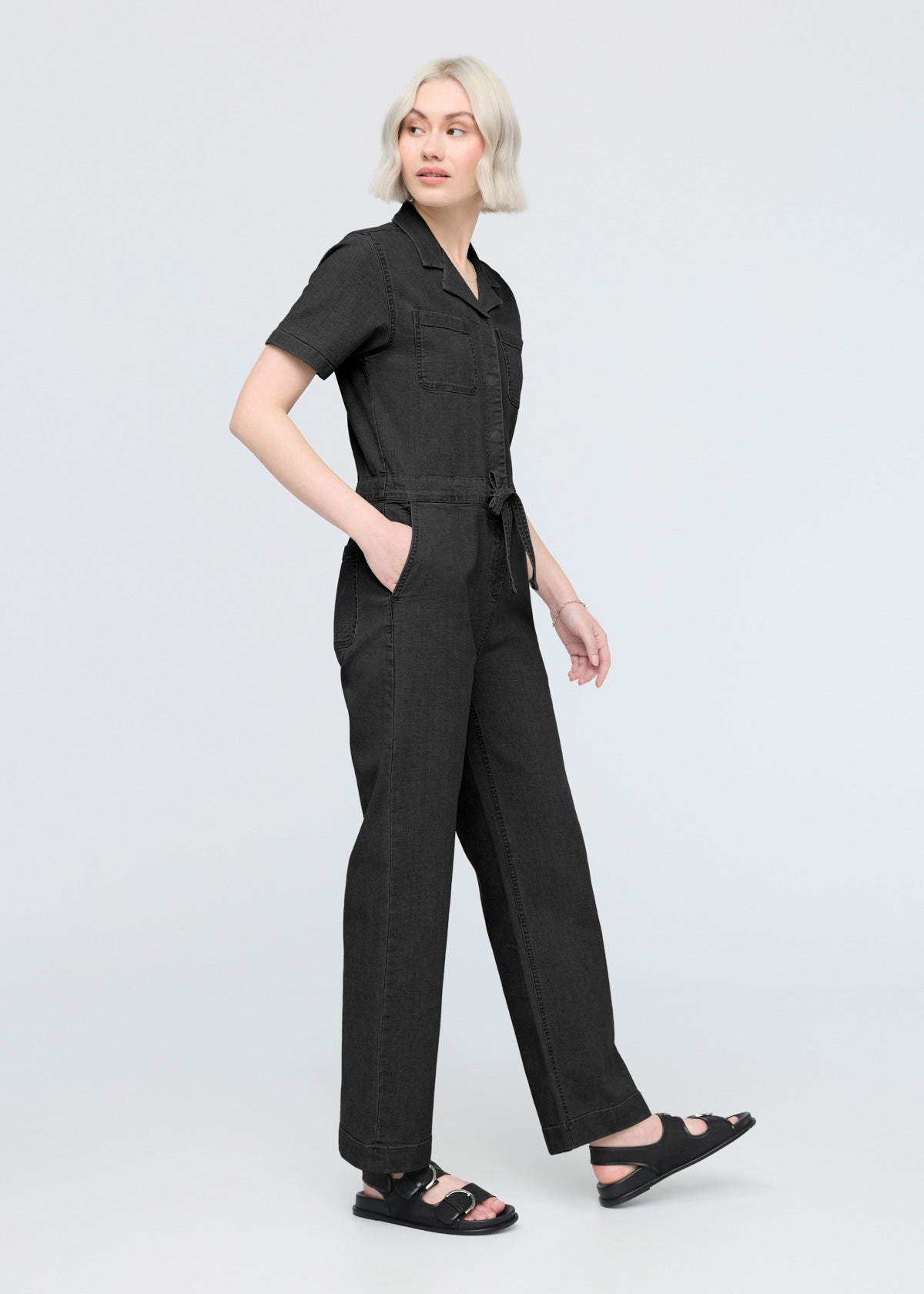 women's black stretch canvas girlfriend jumpsuit side