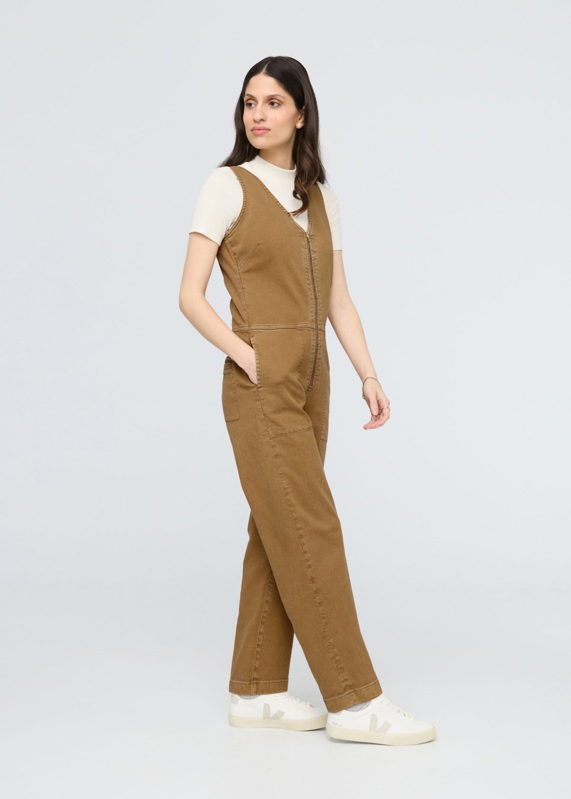 womens camel stretch twill jumpsuit side