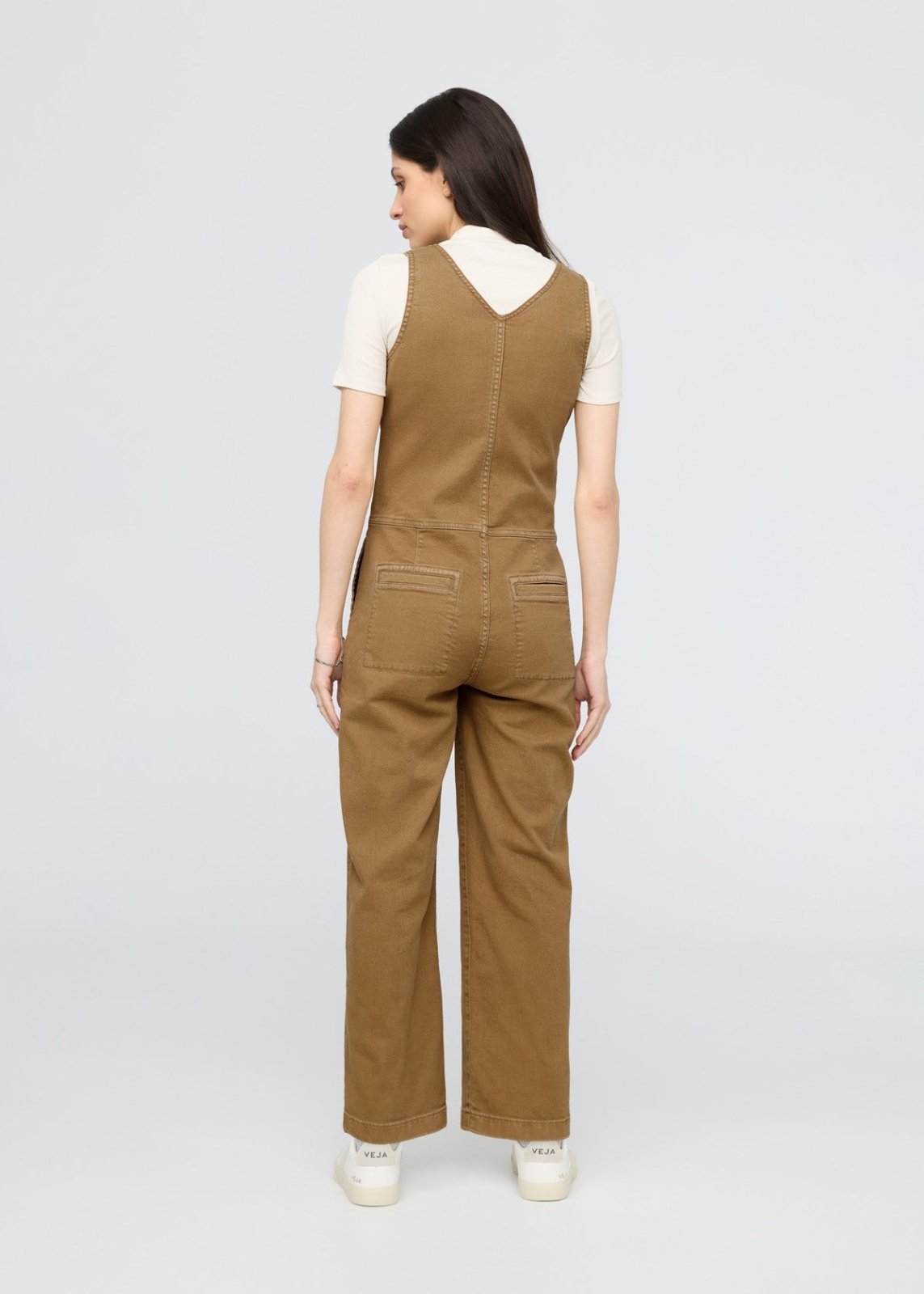 womens camel stretch twill jumpsuit back