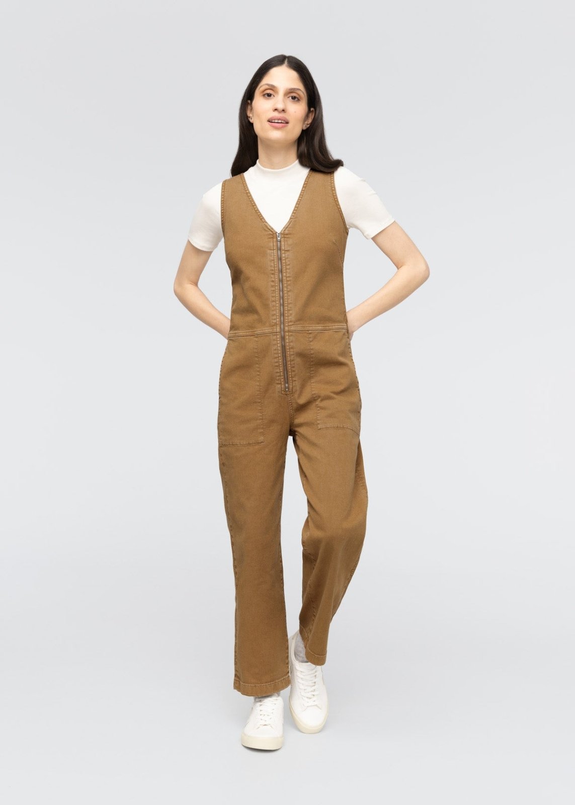 womens camel stretch twill jumpsuit front