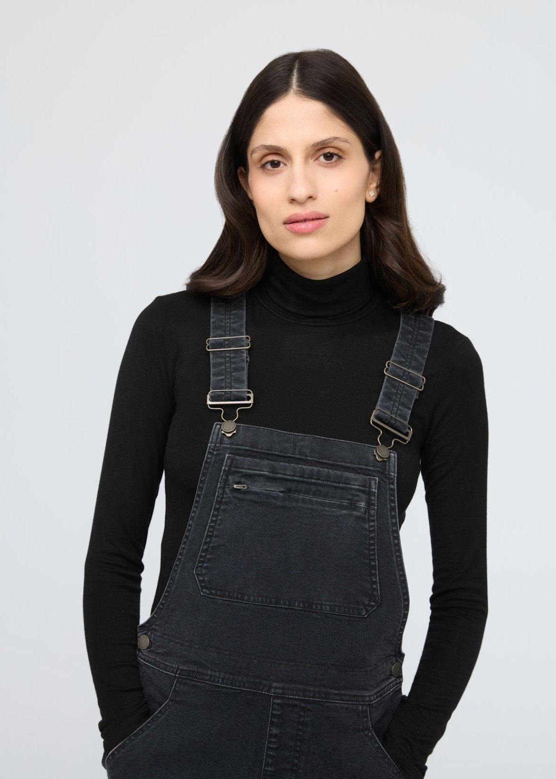 womens black stretch canvas overall front neckline detail