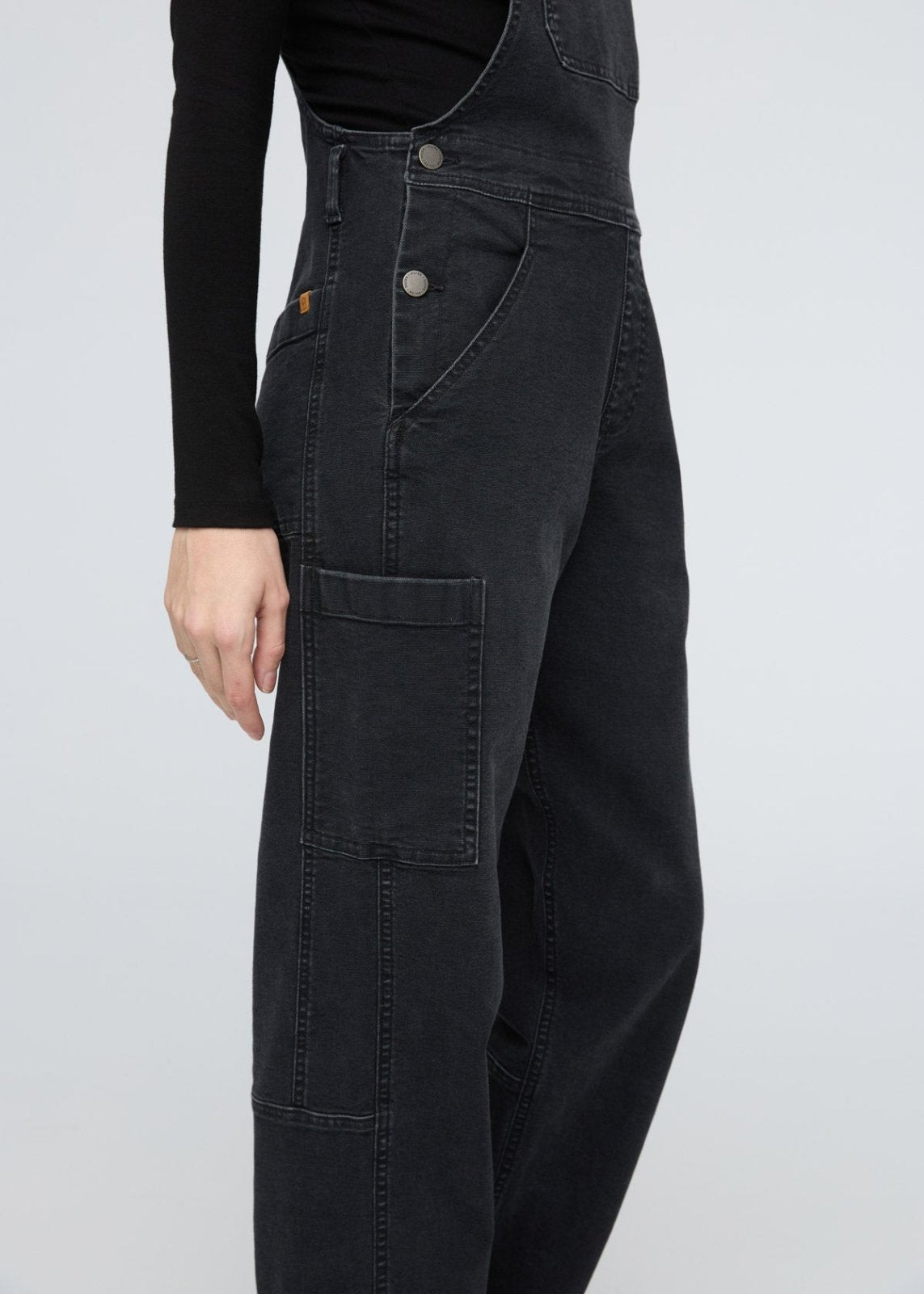 womens black stretch canvas overall side pocket detail