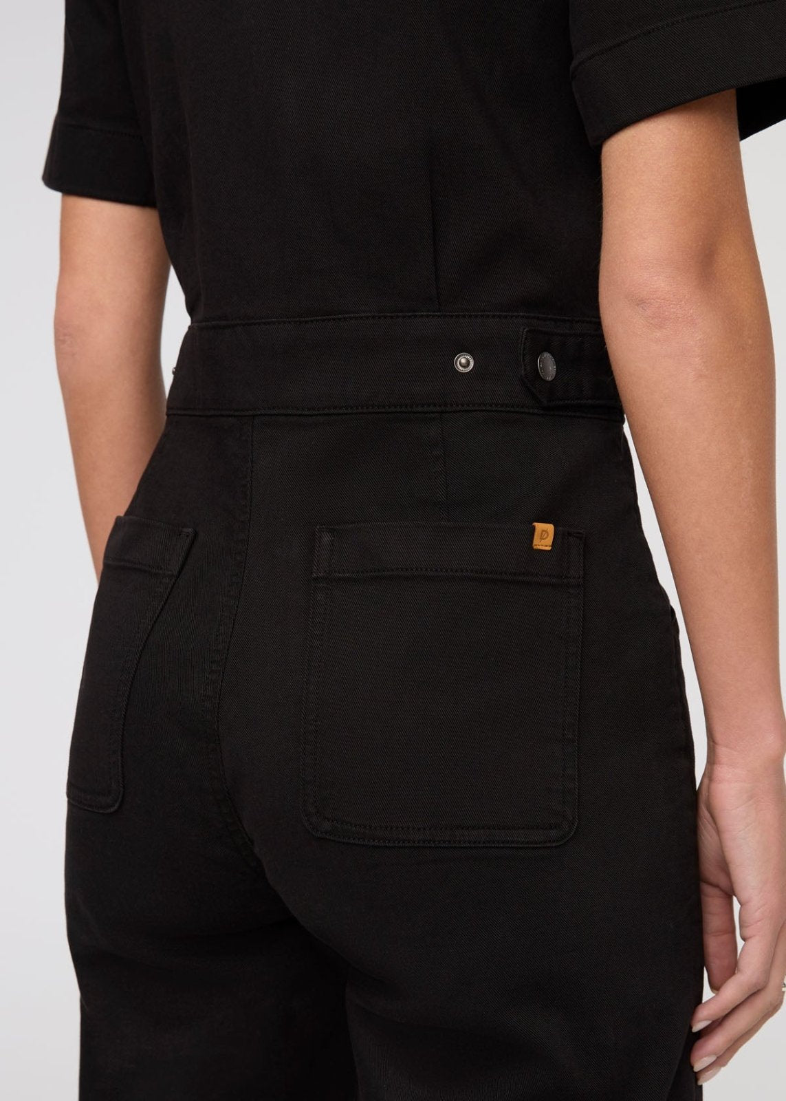 womens black stretch twill boiler suit side cinch and back pockets