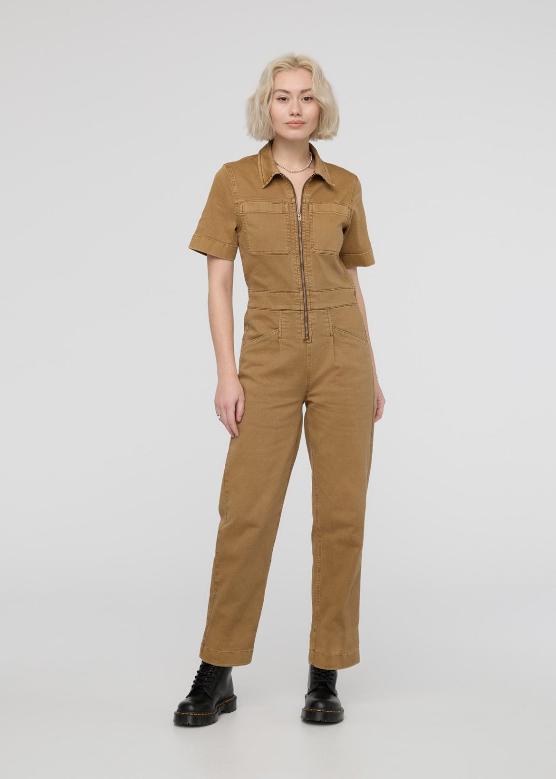 womens camel stretch twill boiler suit front