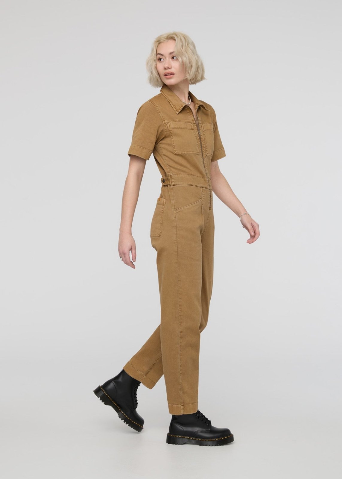 womens camel stretch twill boiler suit side