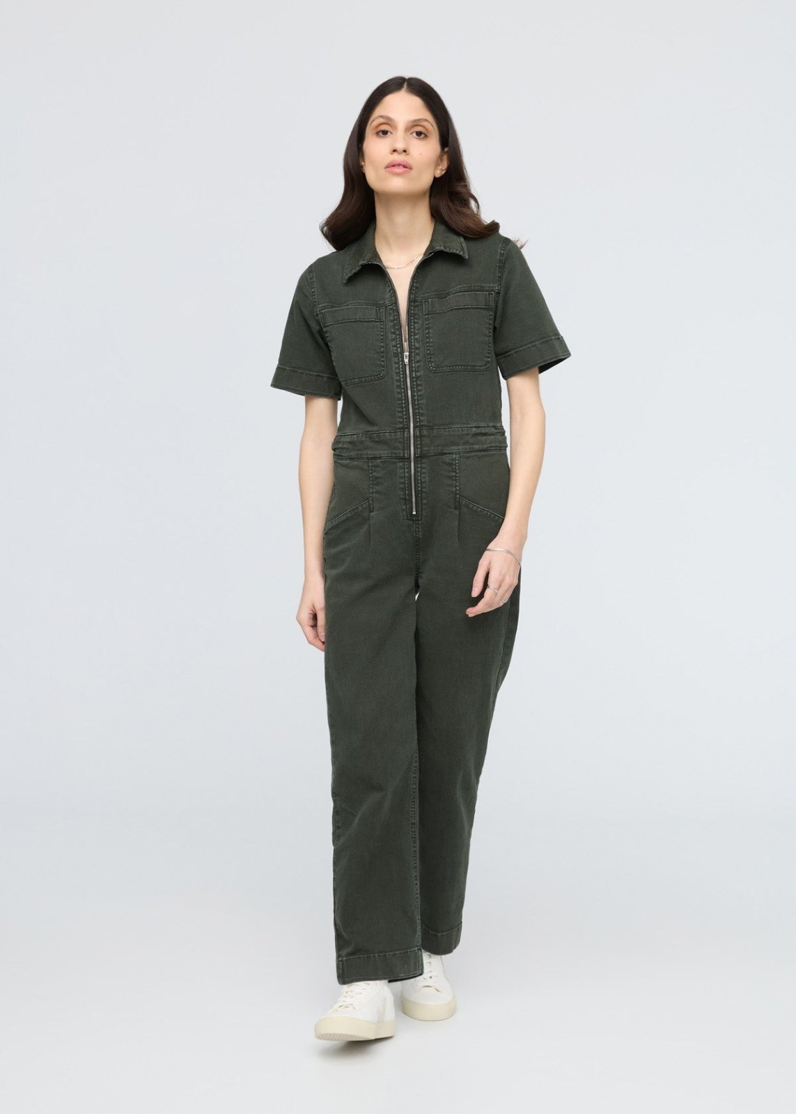 womens peat stretch twill boiler suit front