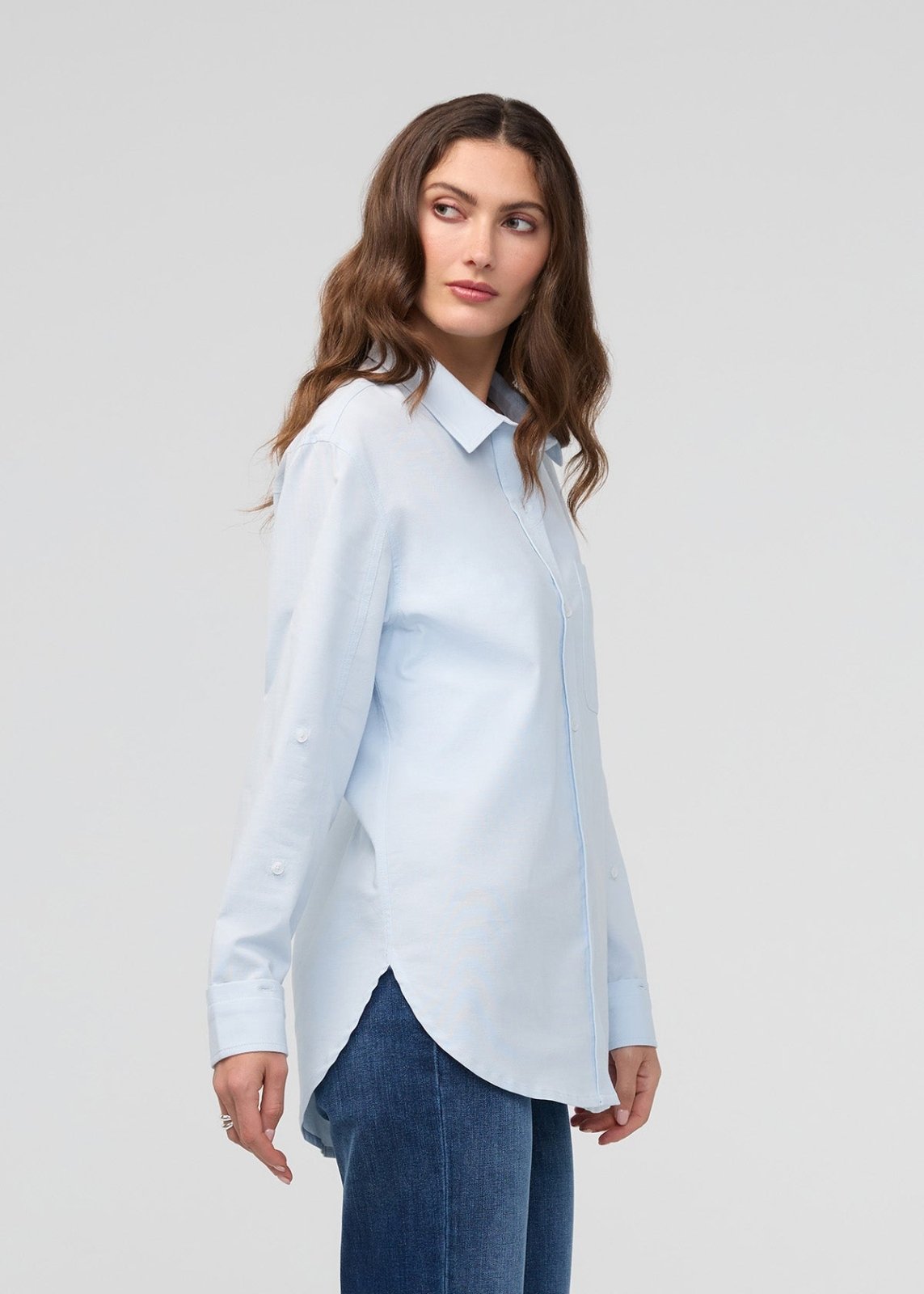 women's fog blue oxford relaxed button down side