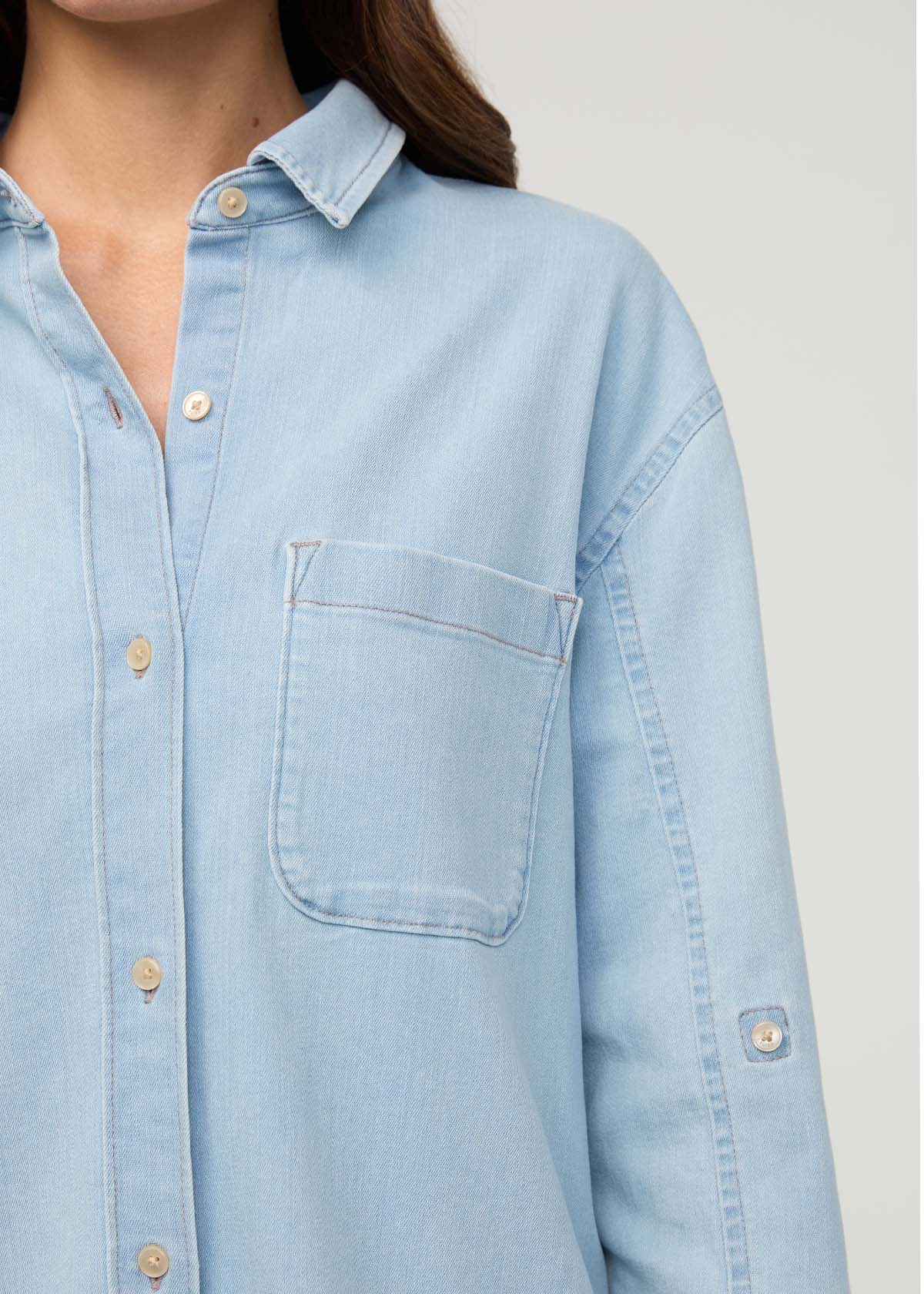 Women's Bleach Lightweight Denim Relaxed Button Down front detail