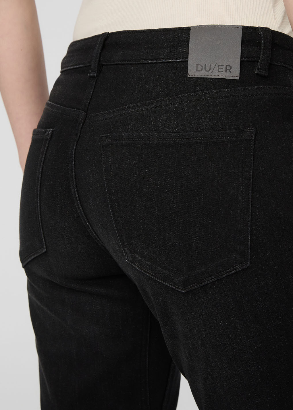 womens black relaxed-ft stretch fleece-lined jeans back patch detail