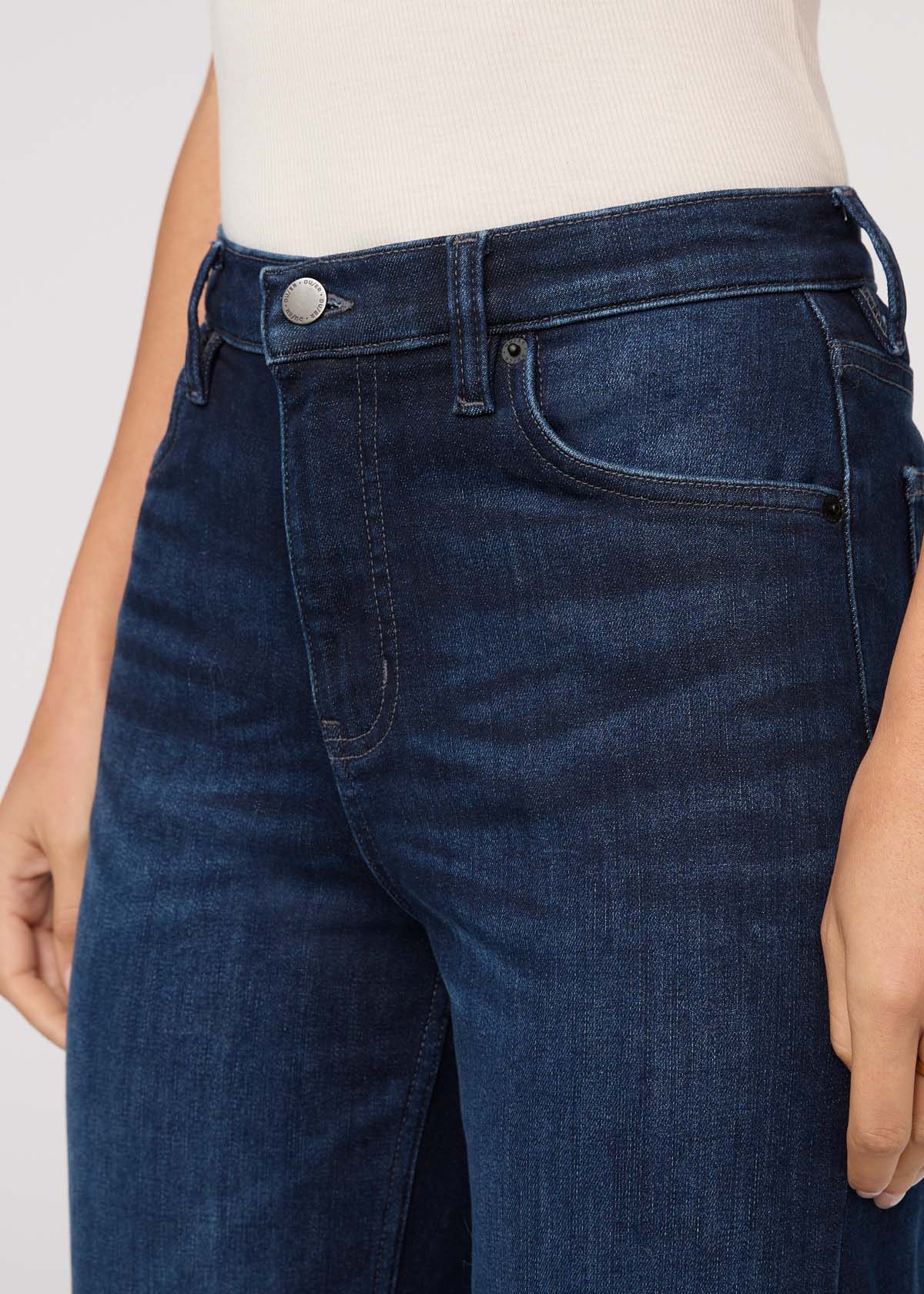 womens dark wash high rise straight leg fleece-lined jeans front waistband