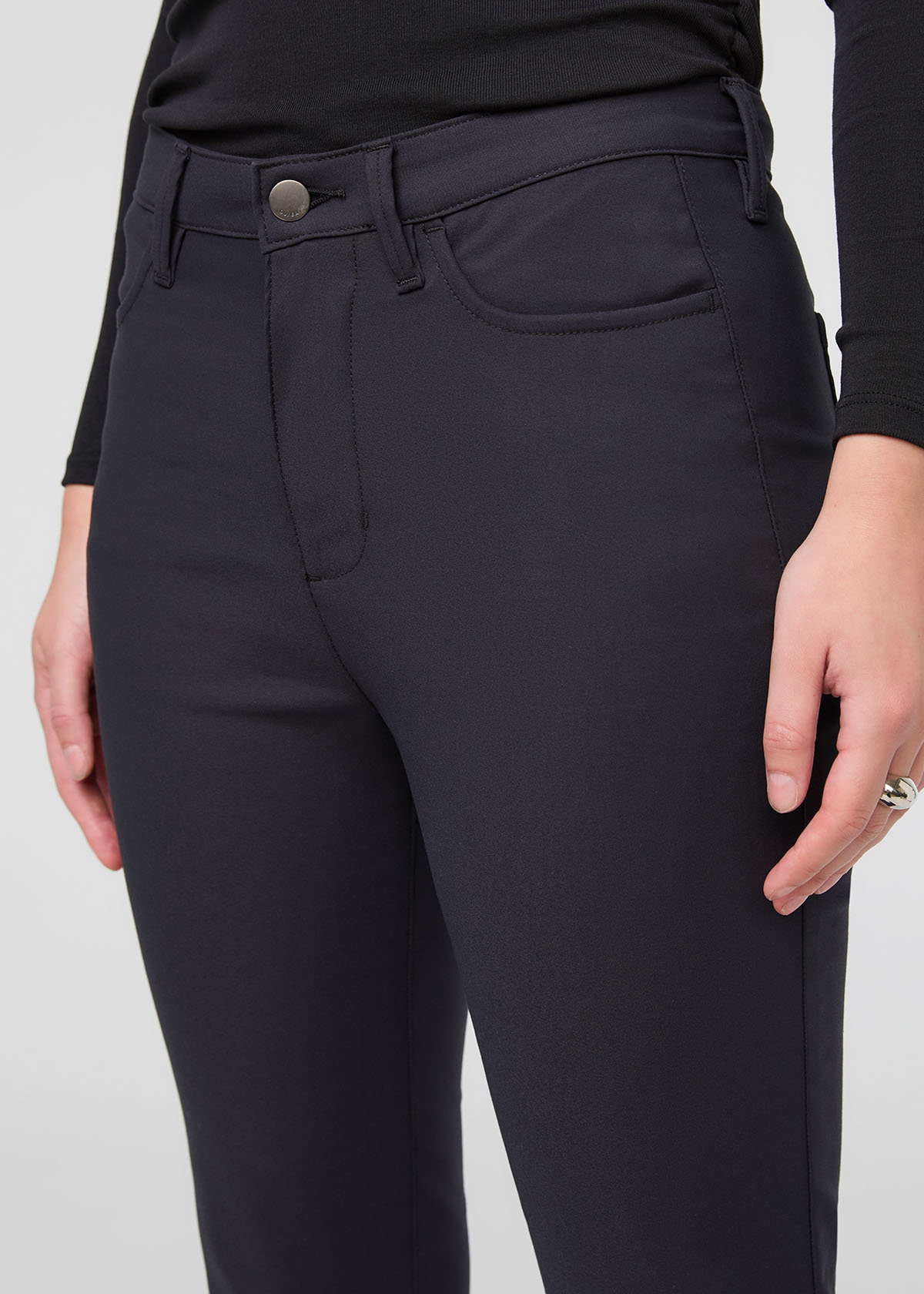 womens black crop kick flare pant front waistband detail